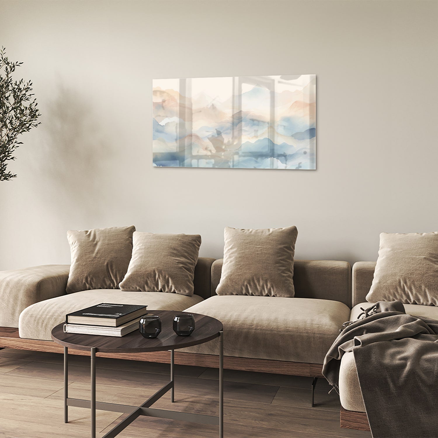 Glasbild mit träumerischer Berglandschaft – Glasbild aus Sicherheitsglas, Größe 100x60
