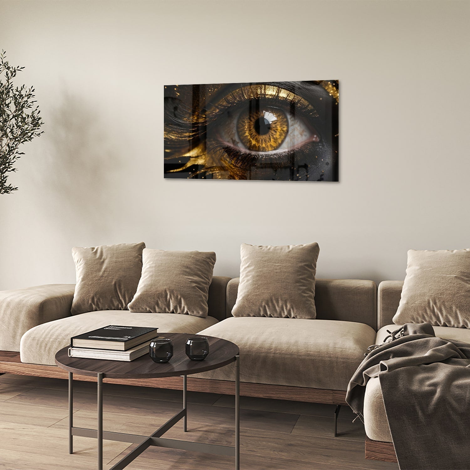 Glasbild Augen-Kunstwerk in Gold und Schwarz – Glasbild aus Sicherheitsglas, Größe 100x60