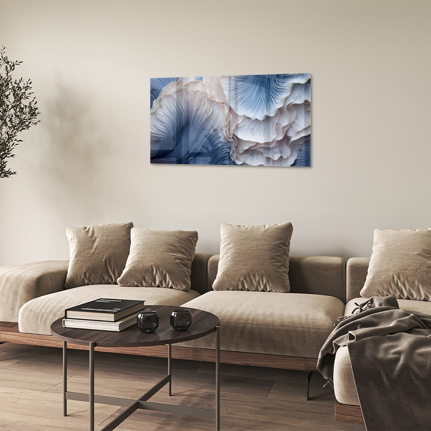 Elegantes Glasbild mit blauen und weißen Mustern – Glasbild aus Sicherheitsglas, Größe 100x60