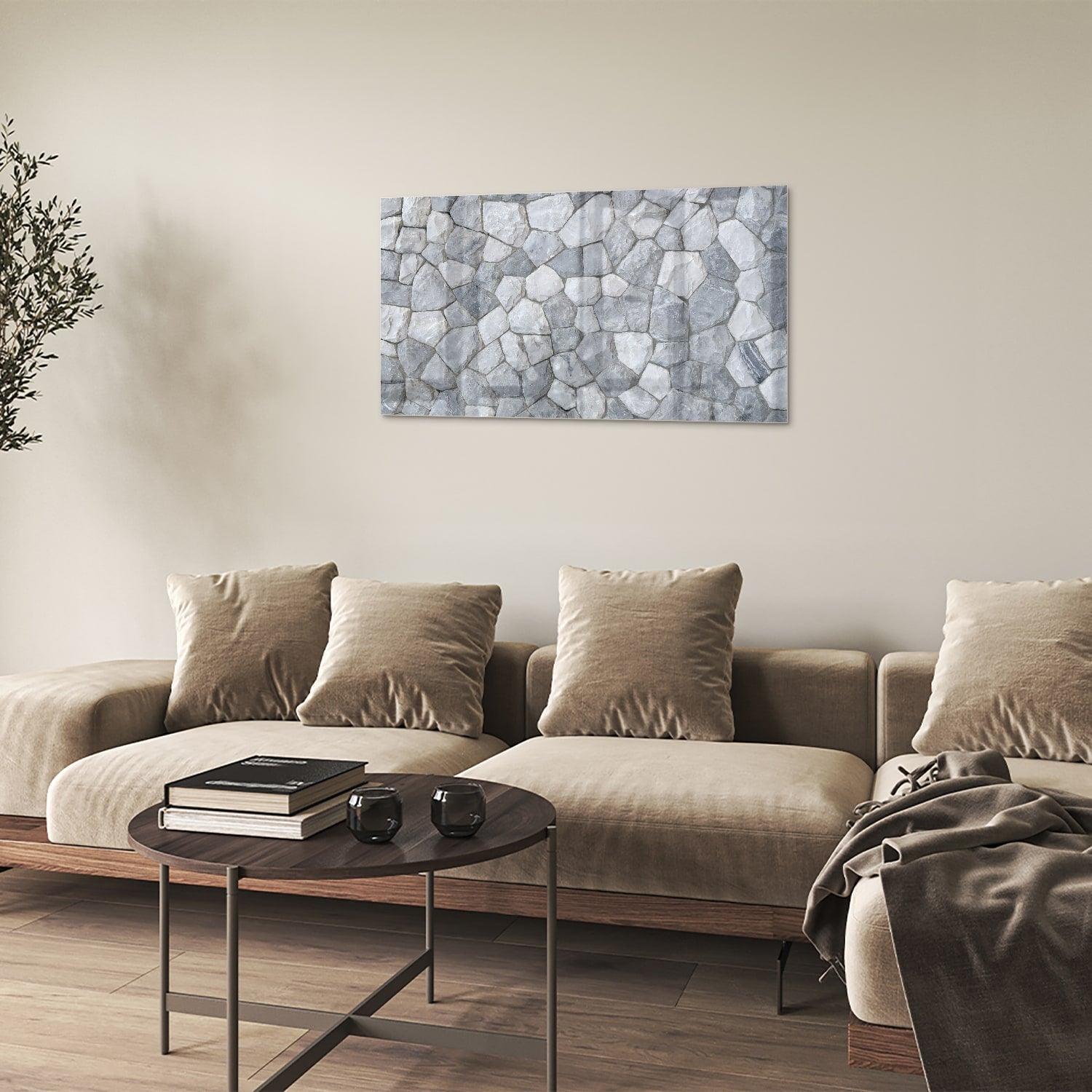 Elegantes Glasbild mit grauen Steinen – Glasbild aus Sicherheitsglas, Größe 100x60