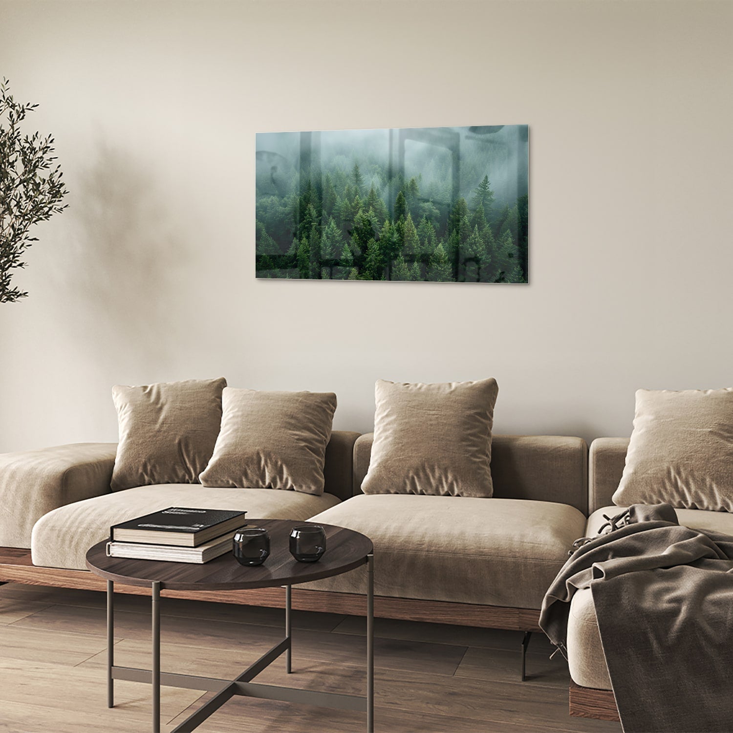 Glasbild mit nebligen Tannenwäldern – Glasbild aus Sicherheitsglas, Größe 100x60