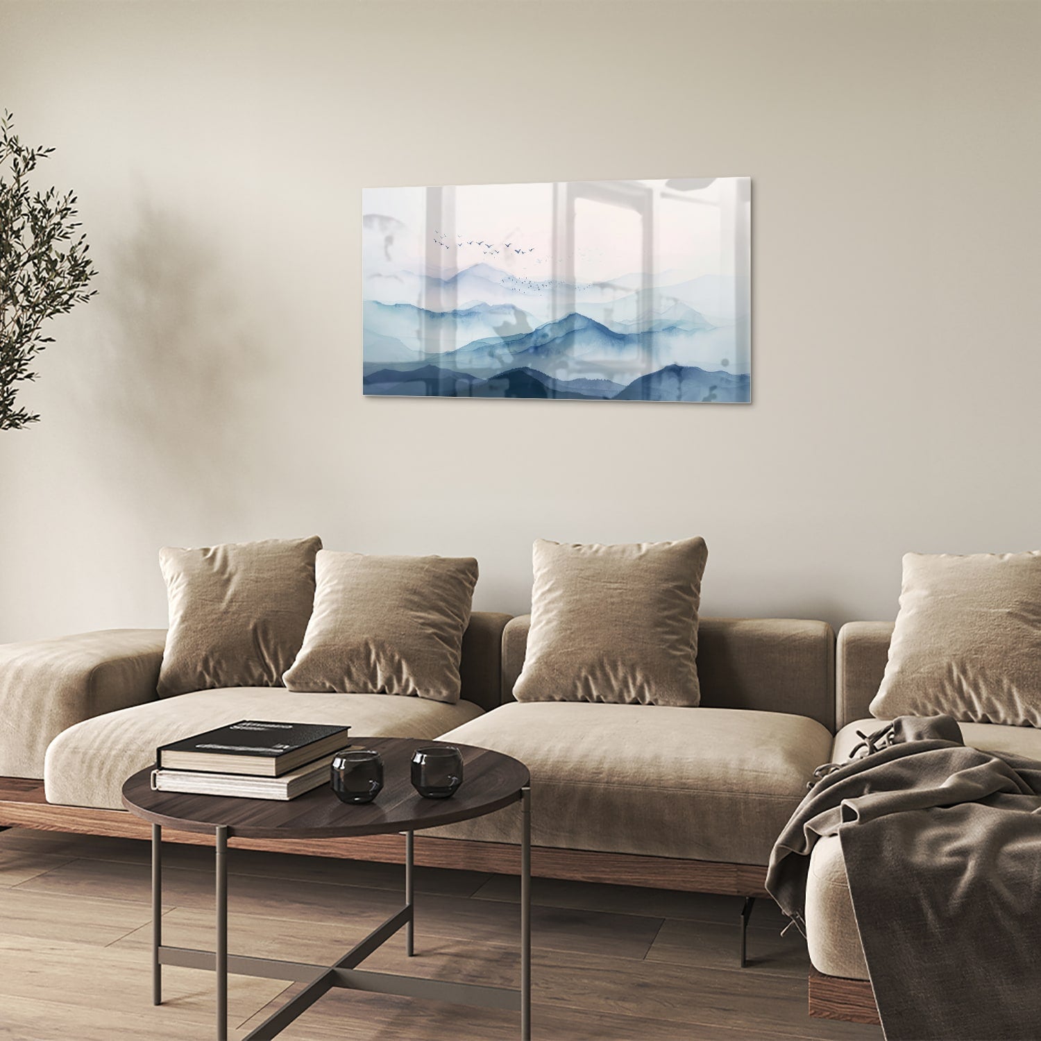 Ruhiges Glasbild mit blauen Bergen – Glasbild aus Sicherheitsglas, Größe 100x60