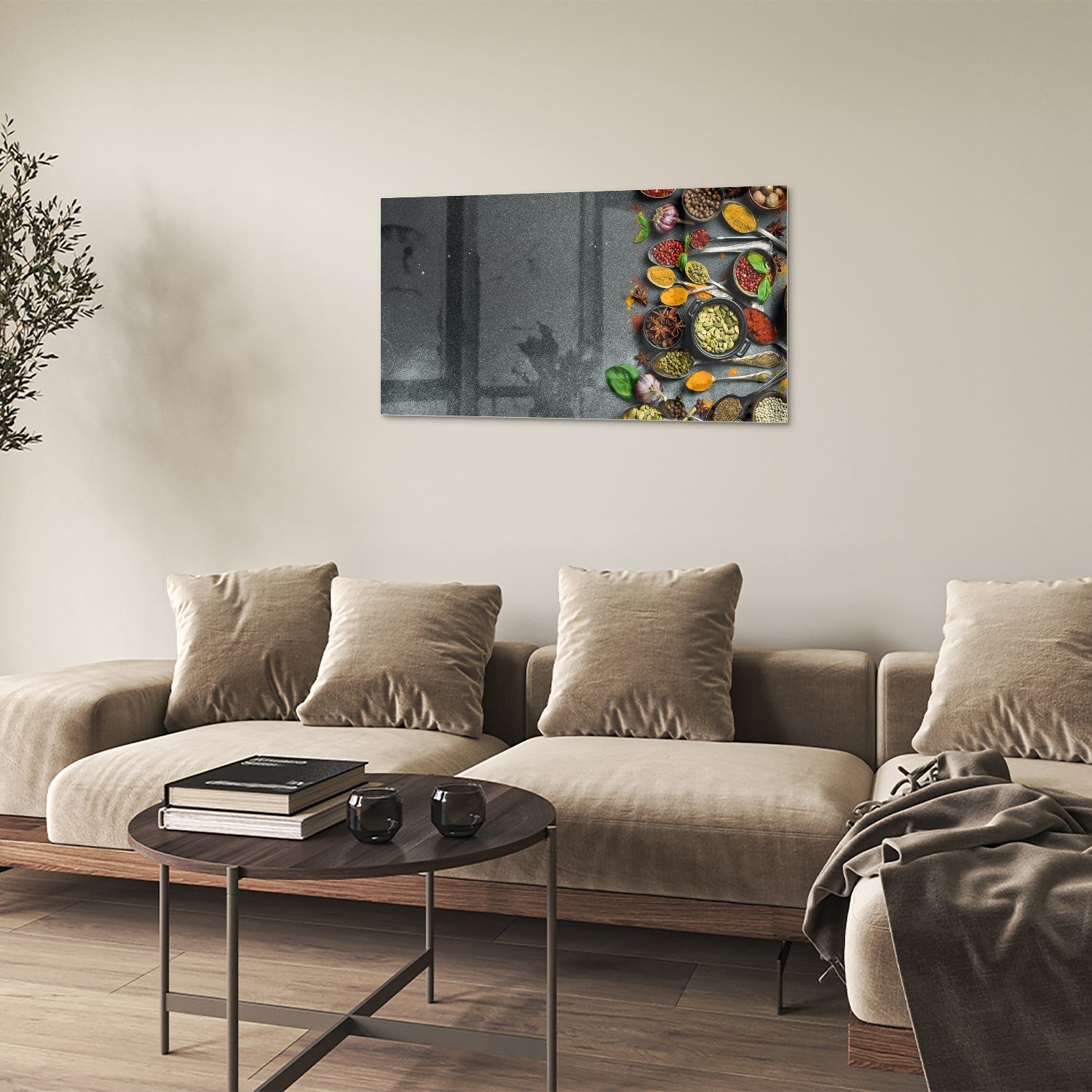 Farbenfrohes Glasbild mit Kräutern und Gewürzen – Glasbild aus Sicherheitsglas, Größe 100x60