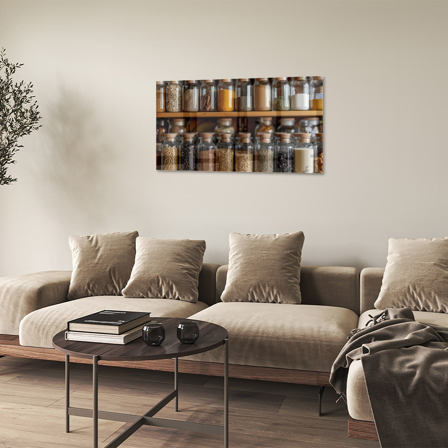 Glasbild mit Gewürzen in Einmachgläsern – Glasbild aus Sicherheitsglas, Größe 100x60