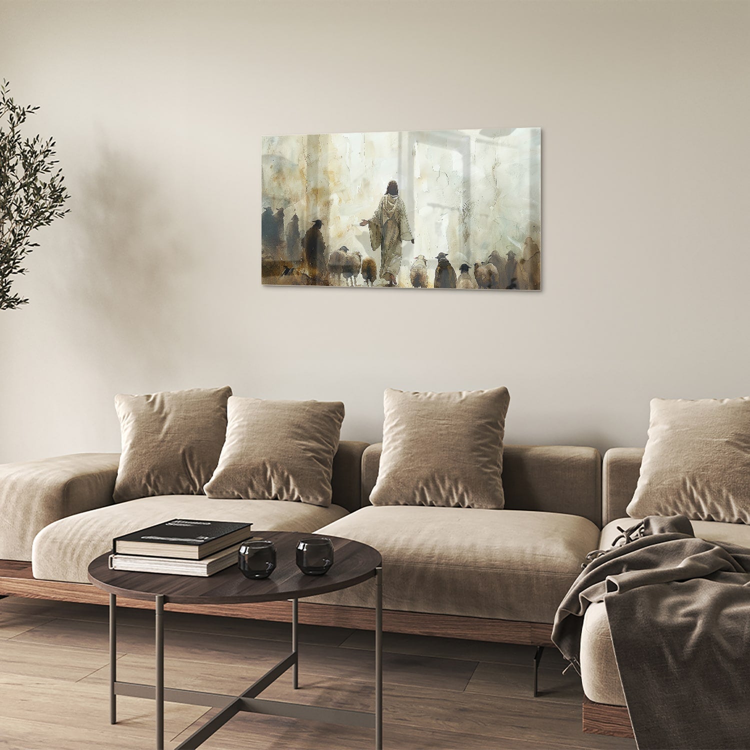 Glasbild mit spirituellem Wegweiser und Schafen – Glasbild aus Sicherheitsglas, Größe 100x60