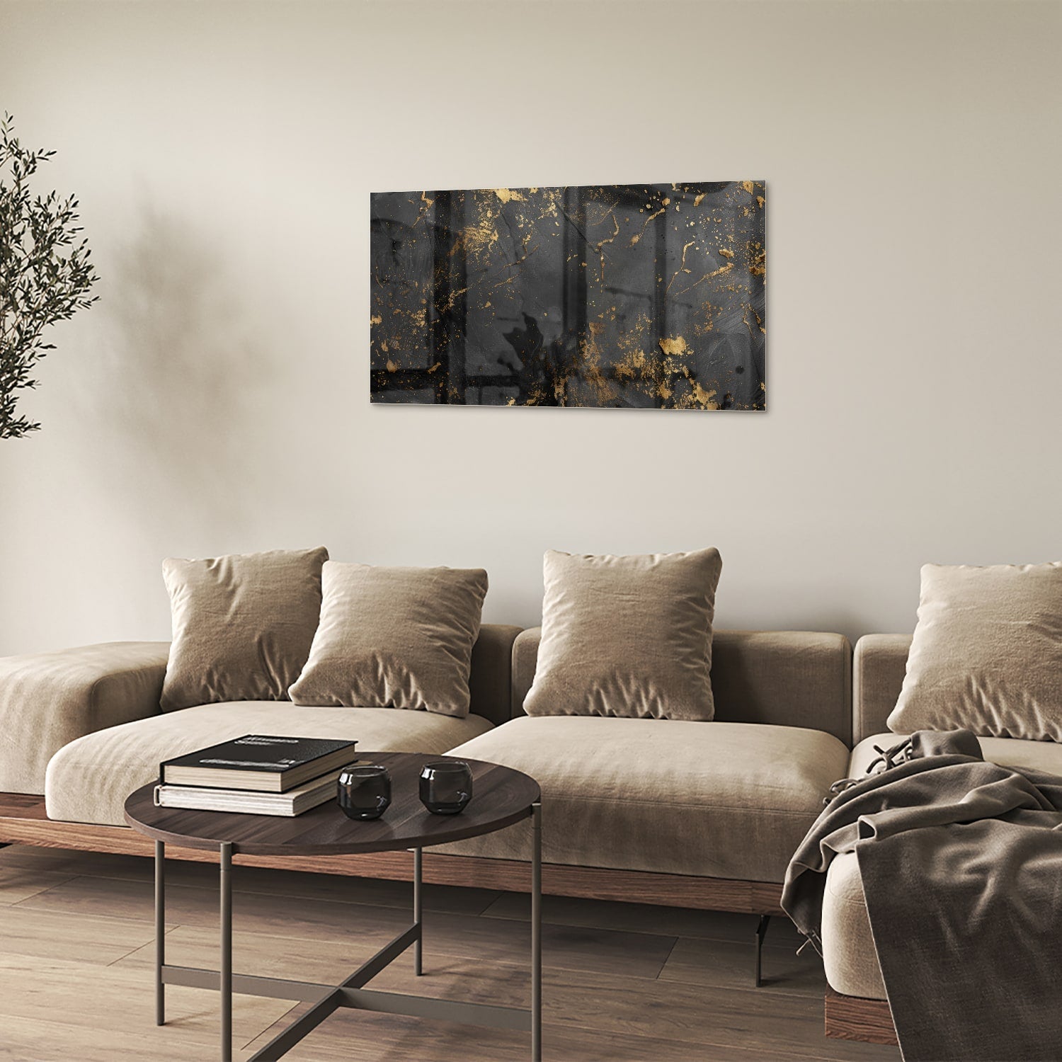 Gold-schwarzes Glasbild mit abstrakten Spritzern – Glasbild aus Sicherheitsglas, Größe 100x60