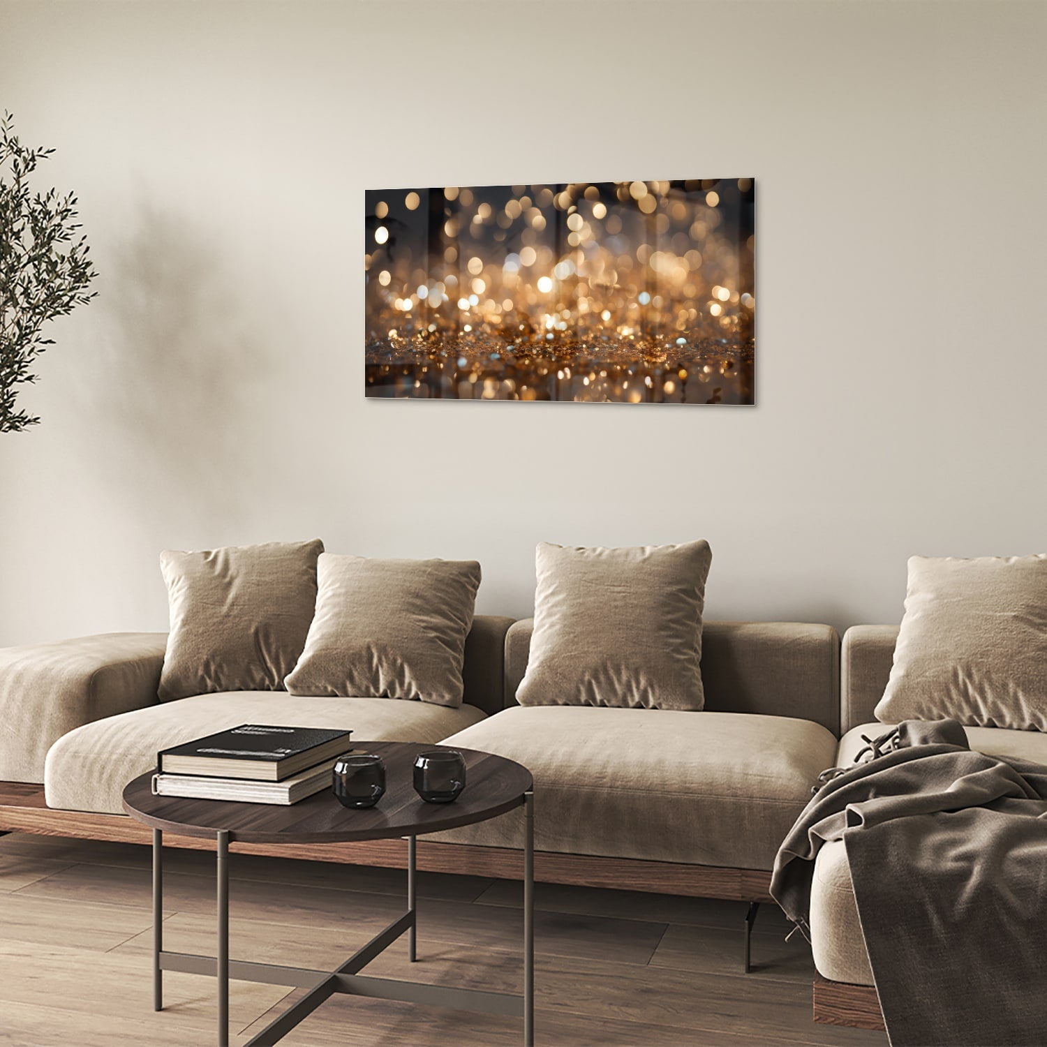 Glasbild mit goldenem Bokeh in moderner Szenerie – Glasbild aus Sicherheitsglas, Größe 100x60