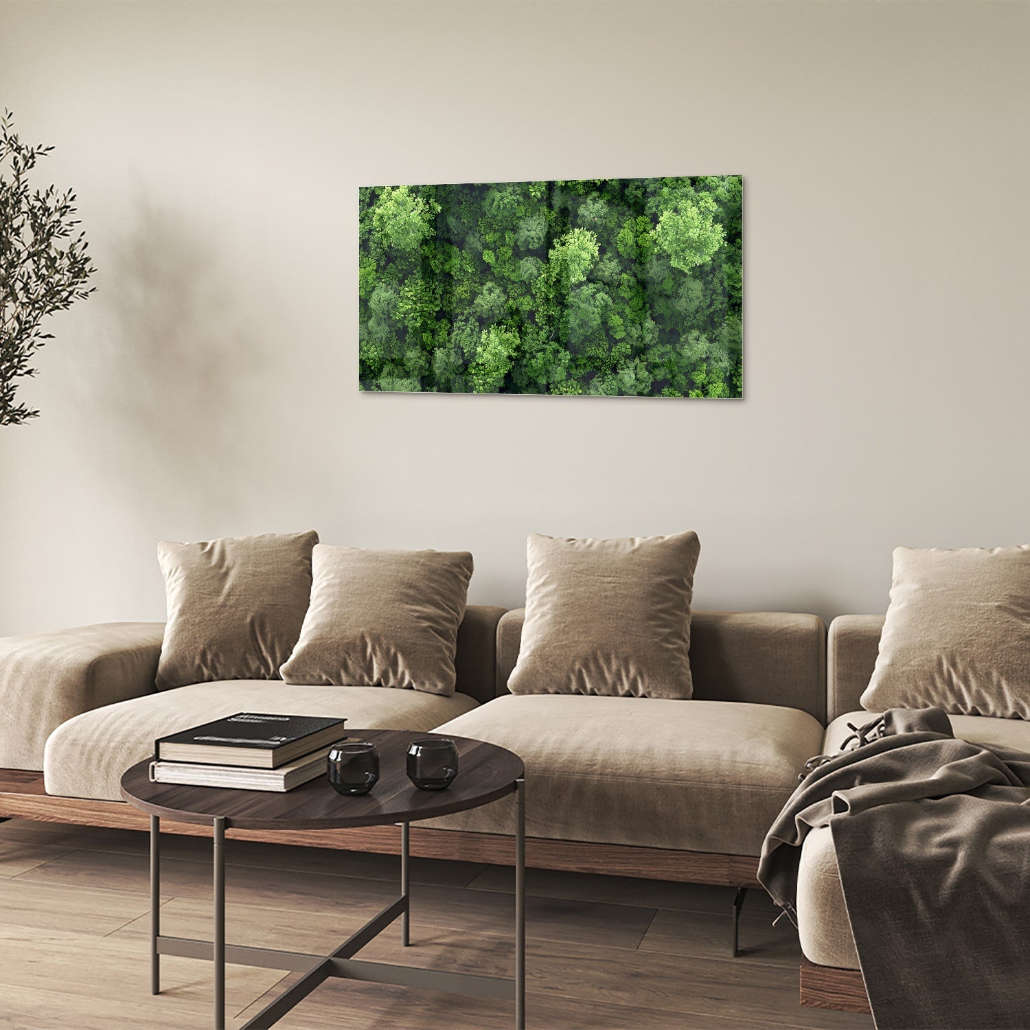 Glasbild mit Himmelsmotiv und üppigem grünen Wald – Glasbild aus Sicherheitsglas, Größe 100x60