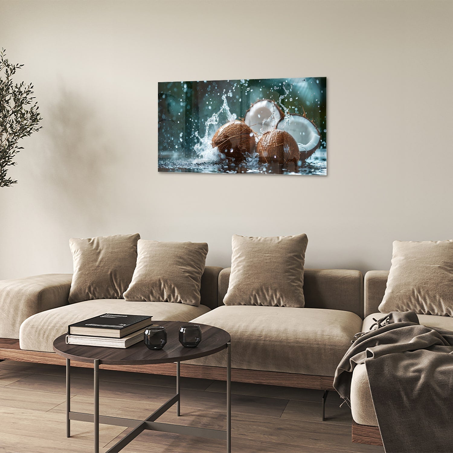 Glasbild Kokosnuss-Trio mit Wasserstrahlen – Glasbild aus Sicherheitsglas, Größe 100x60