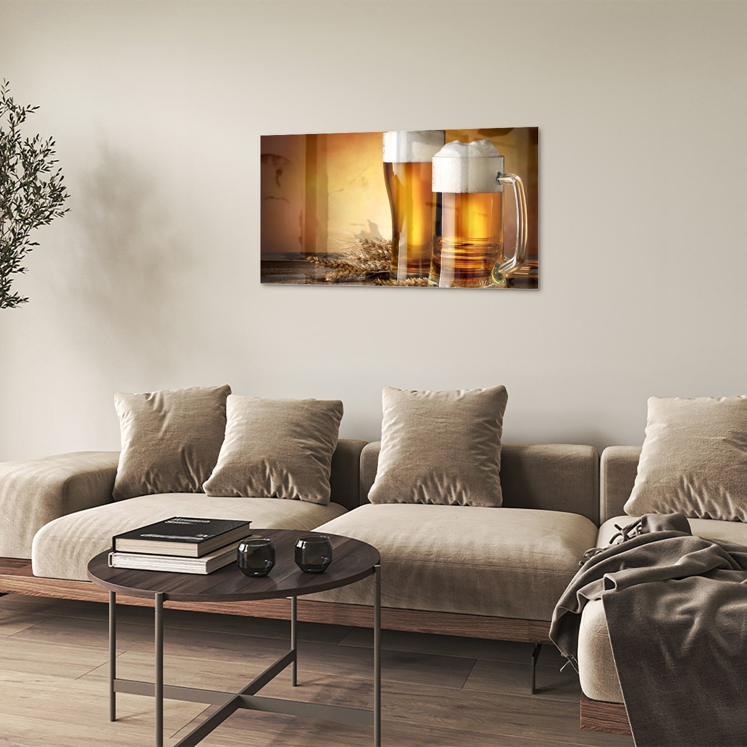 Stilvolles Glasbild mit Bier und Gerste – Glasbild aus Sicherheitsglas, Größe 100x60