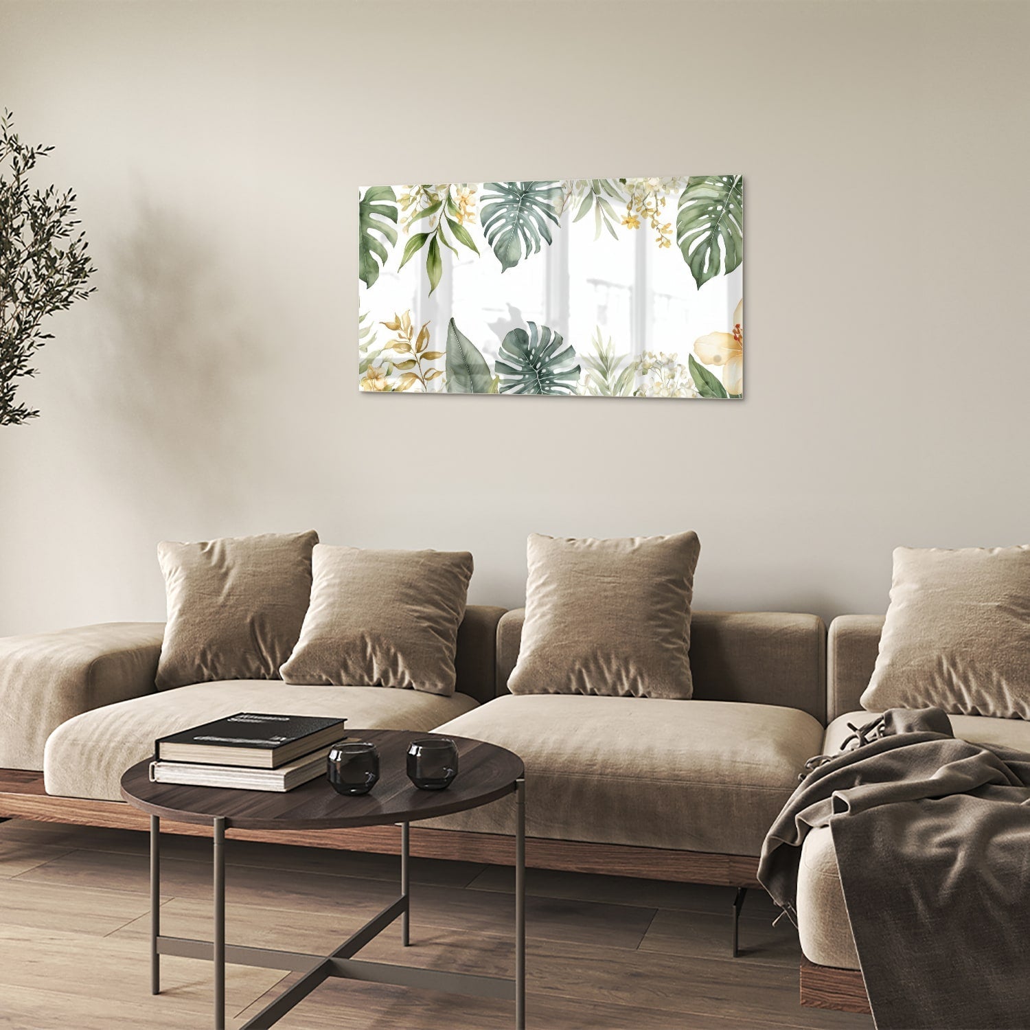 Glasbild mit tropischen Blättern und botanischer Flora – Glasbild aus Sicherheitsglas, Größe 100x60