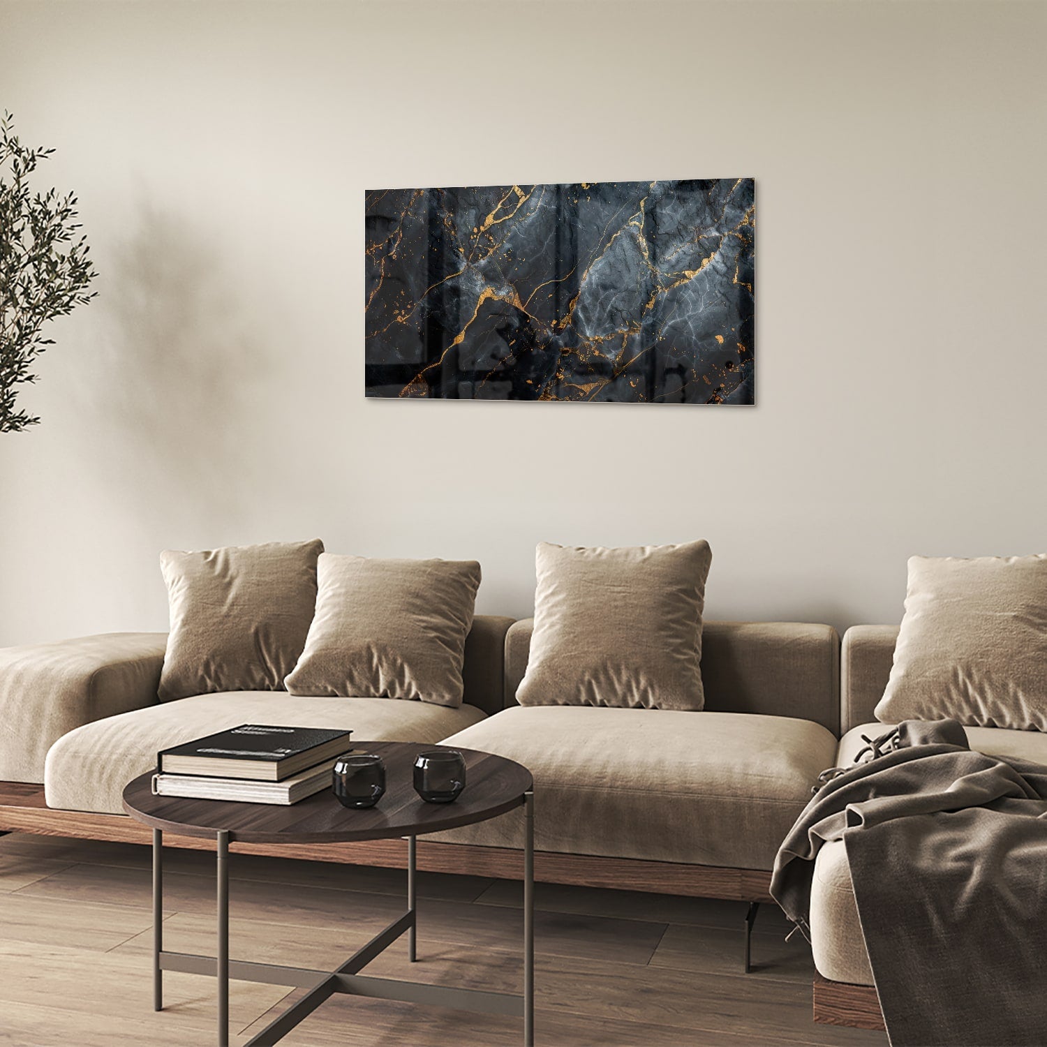 Elegantes Glasbild mit Marmoroptik und goldenen Adern – Glasbild aus Sicherheitsglas, Größe 100x60