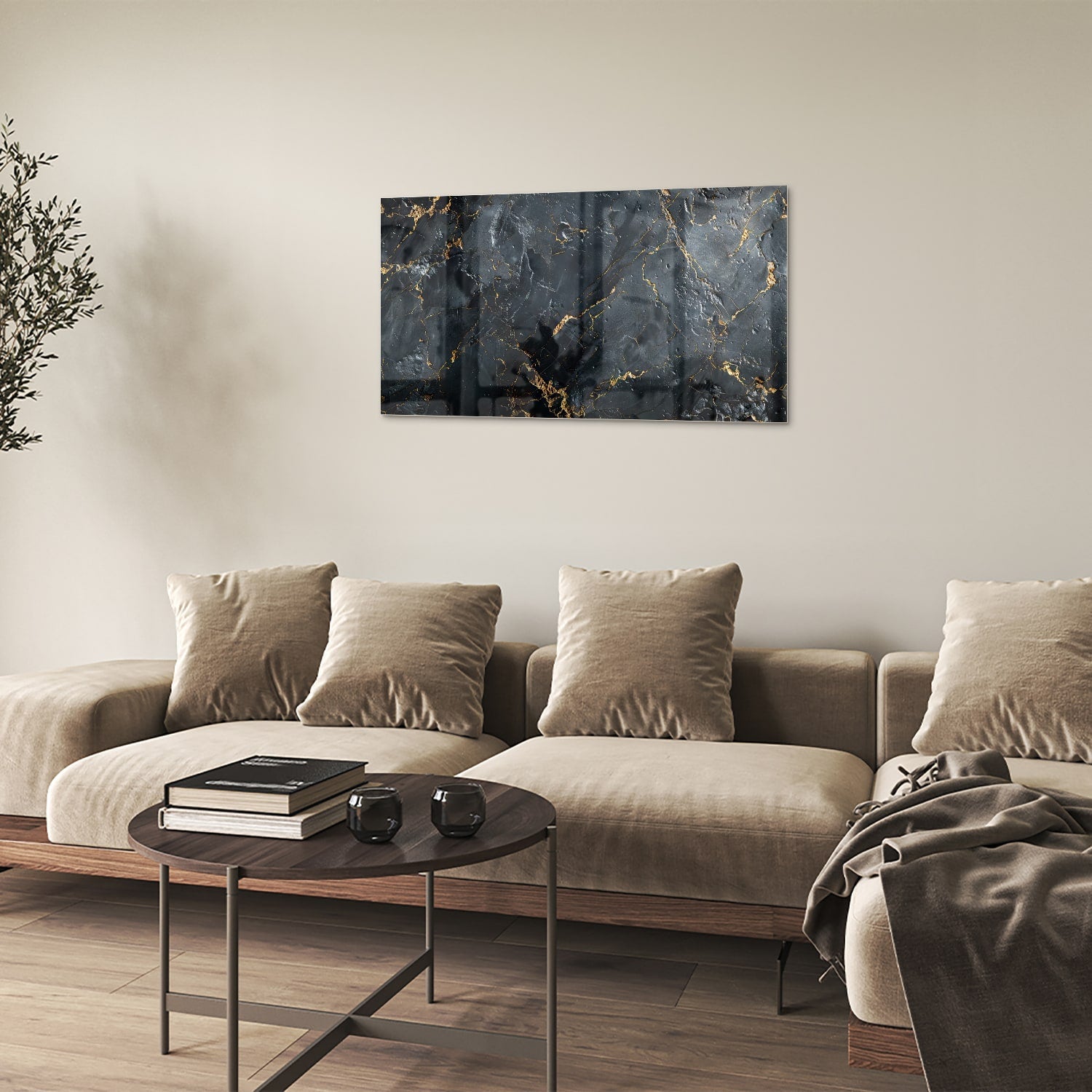 Elegantes Glasbild mit goldener Marmoroptik – Glasbild aus Sicherheitsglas, Größe 100x60