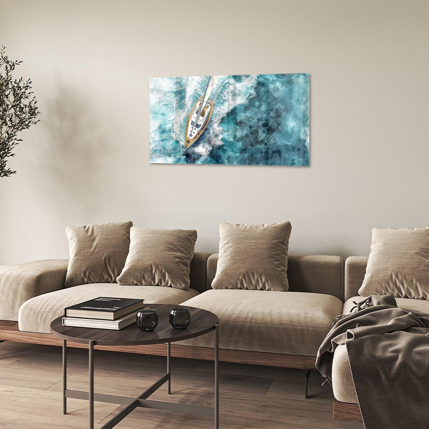 Wunderschönes Glasbild mit einer Yacht auf dem See – Glasbild aus Sicherheitsglas, Größe 100x60