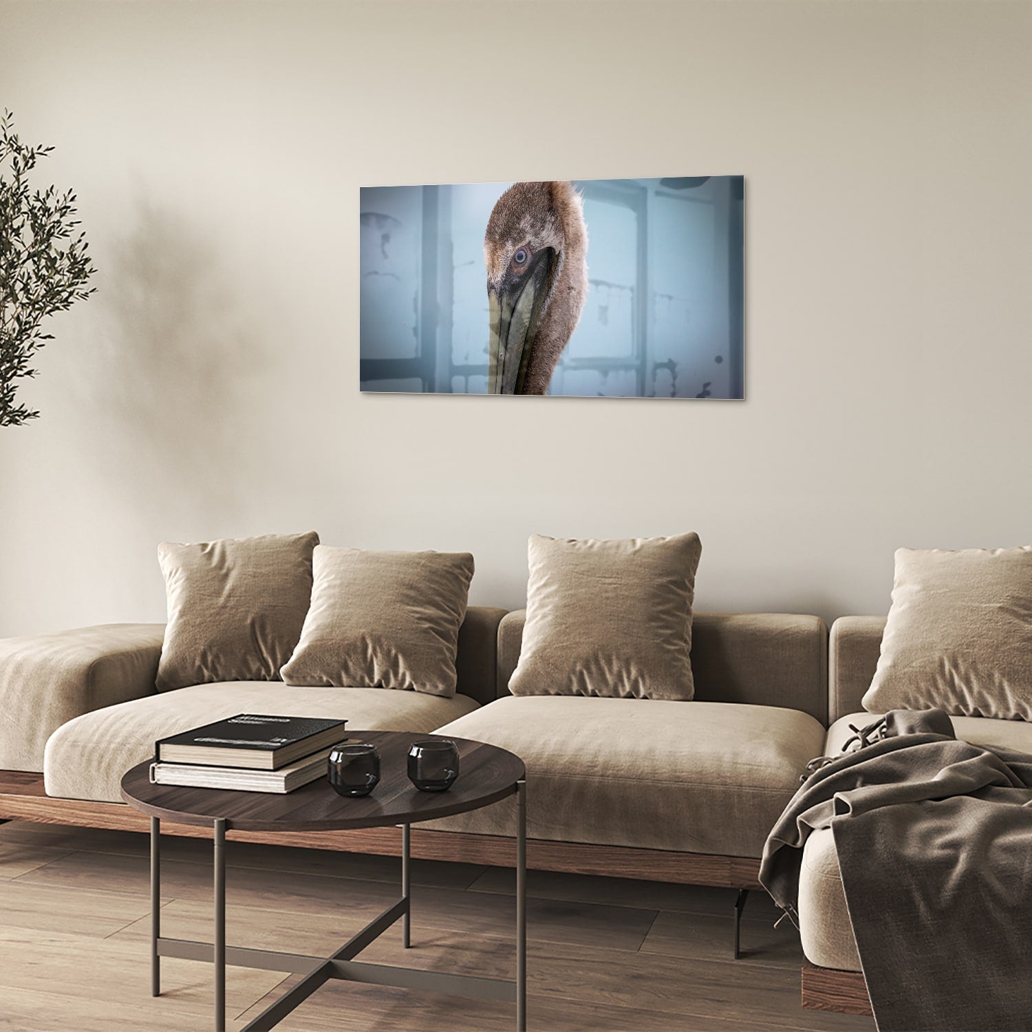 Stilvolles Glasbild mit Pelikan-Porträt – Glasbild aus Sicherheitsglas, Größe 100x60