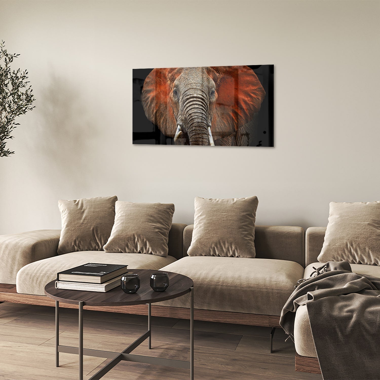 Beeindruckendes Glasbild mit einem Elefanten – Glasbild aus Sicherheitsglas, Größe 100x60