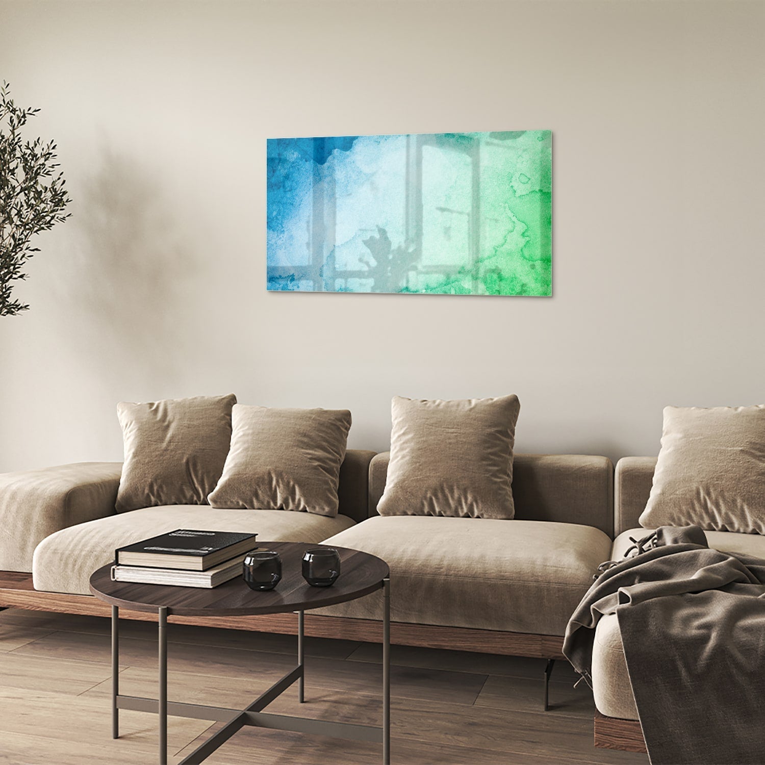 Abstraktes Glasbild in Blau und Grün – Glasbild aus Sicherheitsglas, Größe 100x60