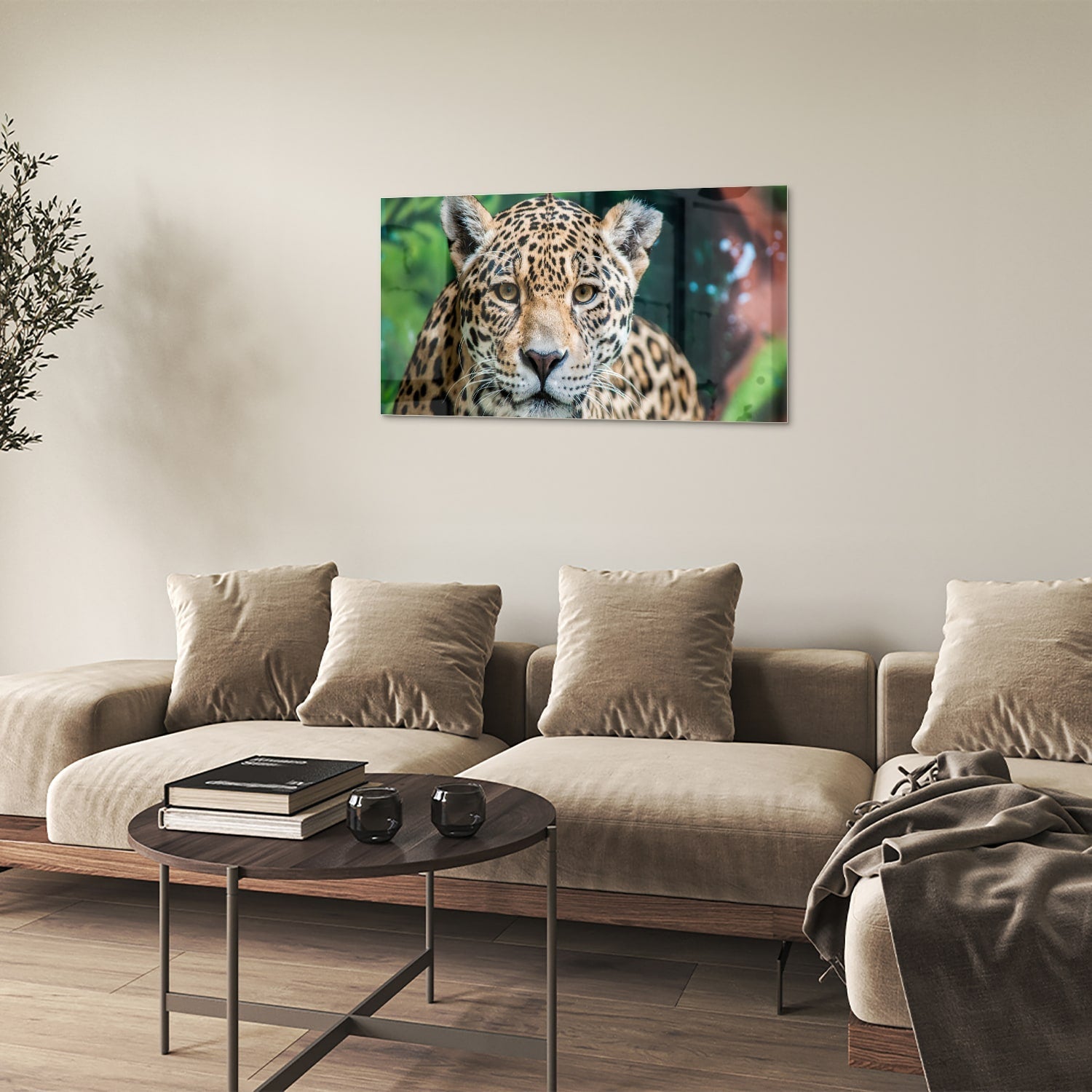 Beeindruckendes Glasbild mit einem Jaguar – Glasbild aus Sicherheitsglas, Größe 100x60