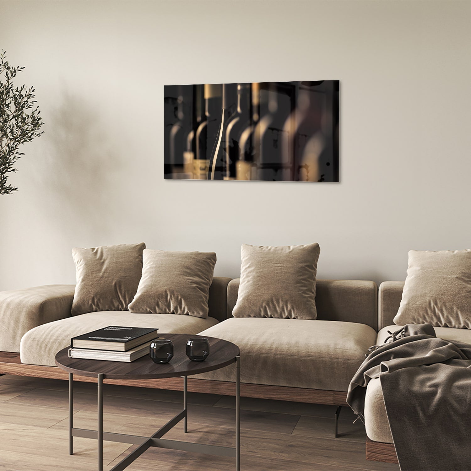 Elegantes Glasbild mit Weinflaschen – Glasbild aus Sicherheitsglas, Größe 100x60