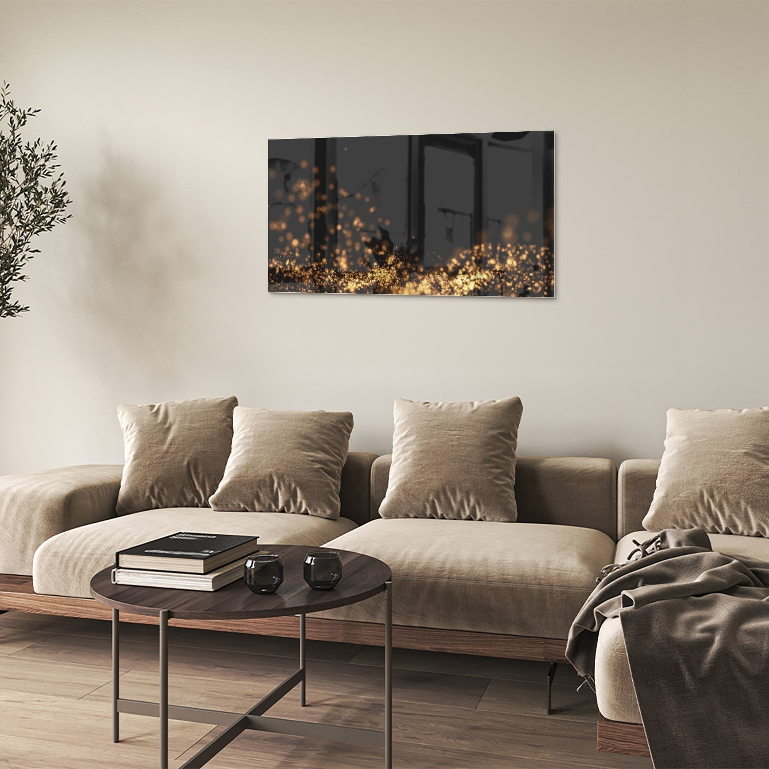 Glasbild mit goldenen Lichtpunkten auf schwarzem Hintergrund – Glasbild aus Sicherheitsglas, Größe 100x60