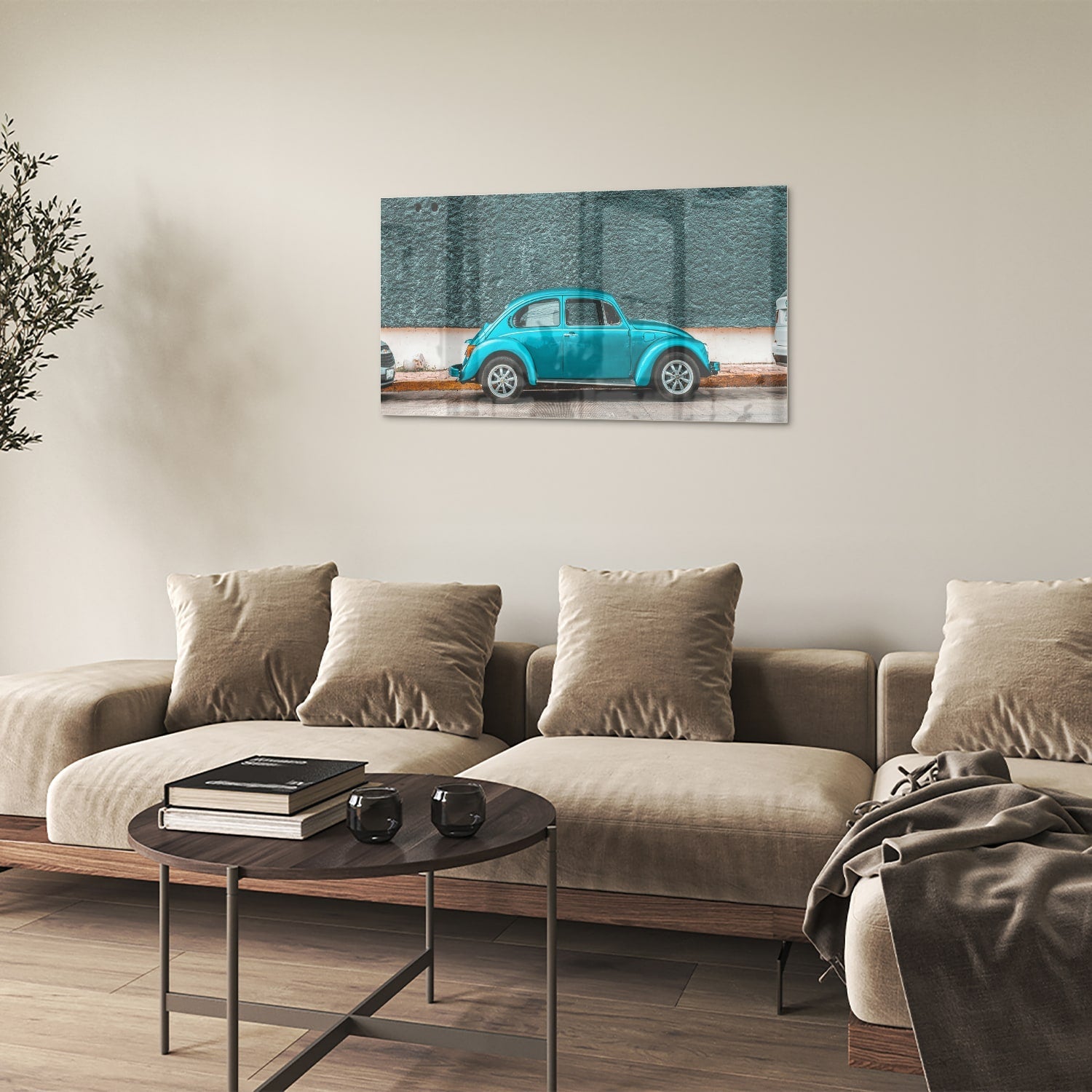 Stilvolles Glasbild mit einem türkisen Auto – Glasbild aus Sicherheitsglas, Größe 100x60