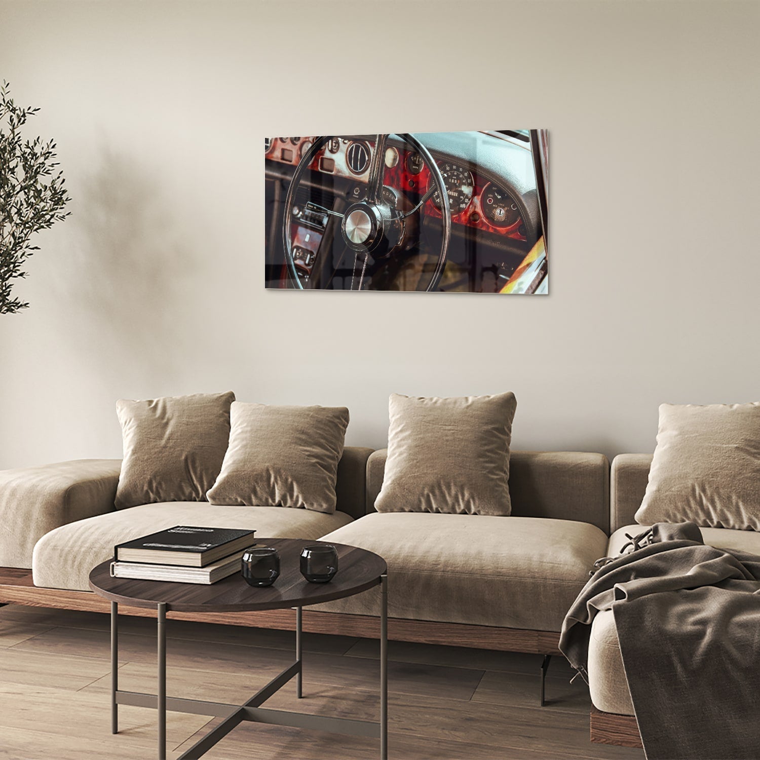 Retro-Auto-Glasbild mit Armaturenbrett für Liebhaber – Glasbild aus Sicherheitsglas, Größe 100x60
