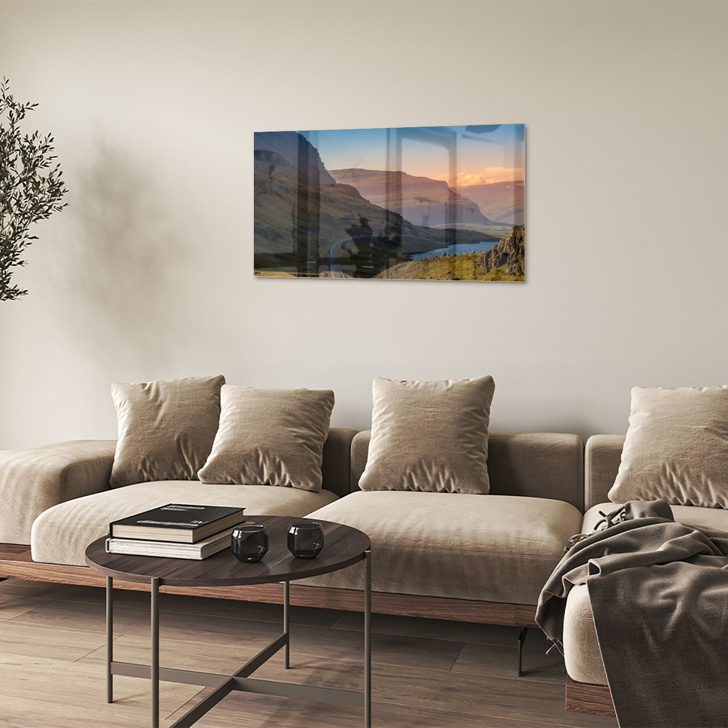 Atemberaubendes Glasbild mit Bergen und Fluss – Glasbild aus Sicherheitsglas, Größe 100x60