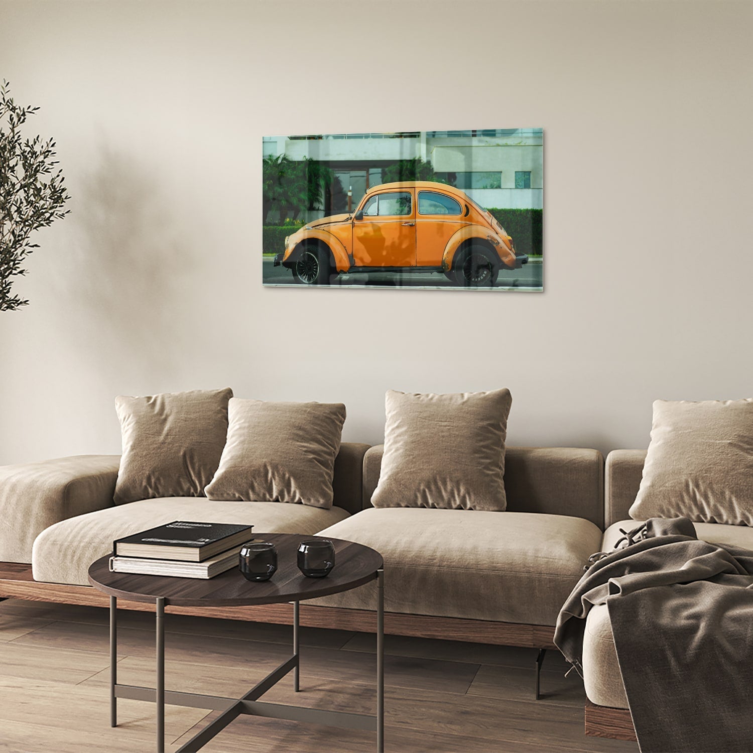 Fröhliches Glasbild mit orangefarbenem Käfer – Glasbild aus Sicherheitsglas, Größe 100x60