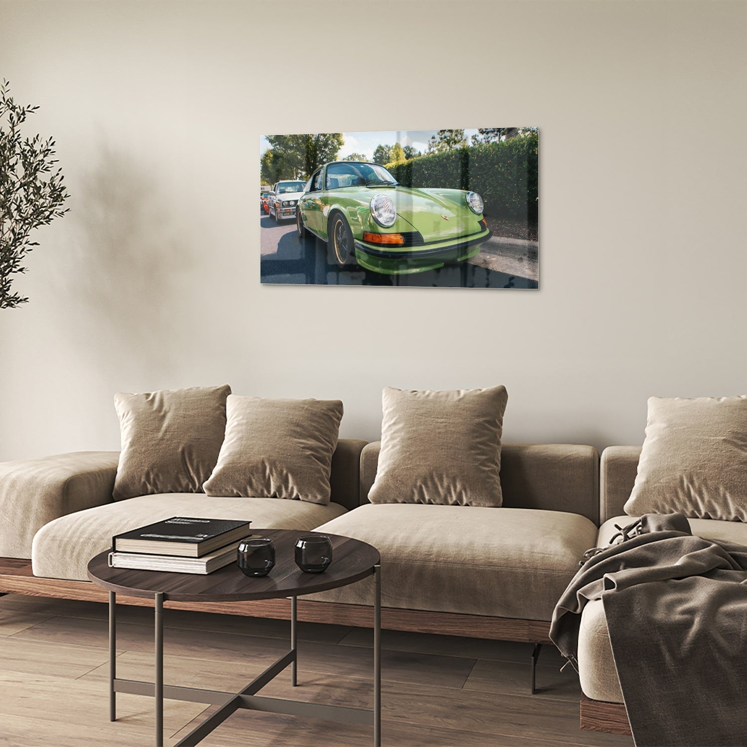Glasbild mit einzigartigem grünen Porsche für moderne Innenräume – Glasbild aus Sicherheitsglas, Größe 100x60