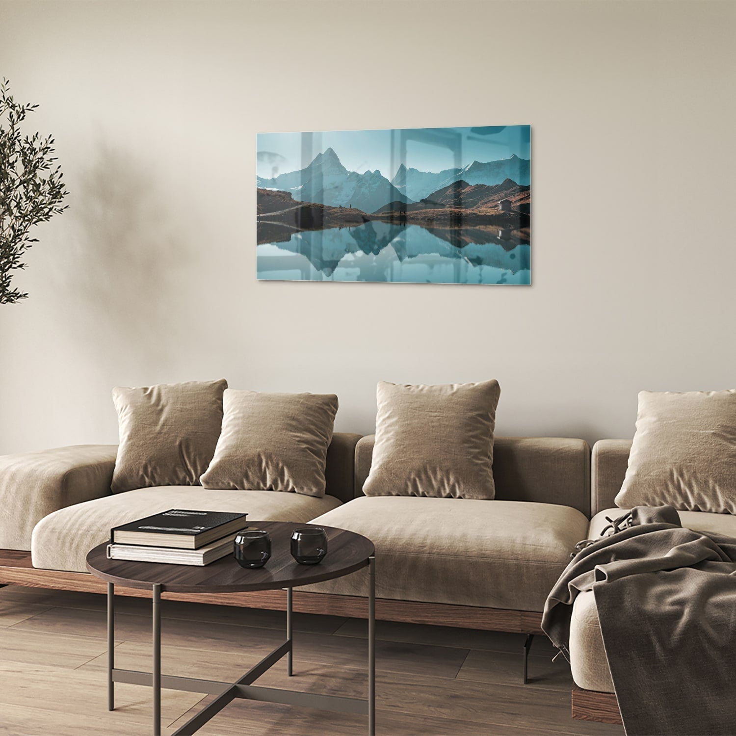 Glasbild mit Bergen und Wasserreflexionen – Glasbild aus Sicherheitsglas, Größe 100x60