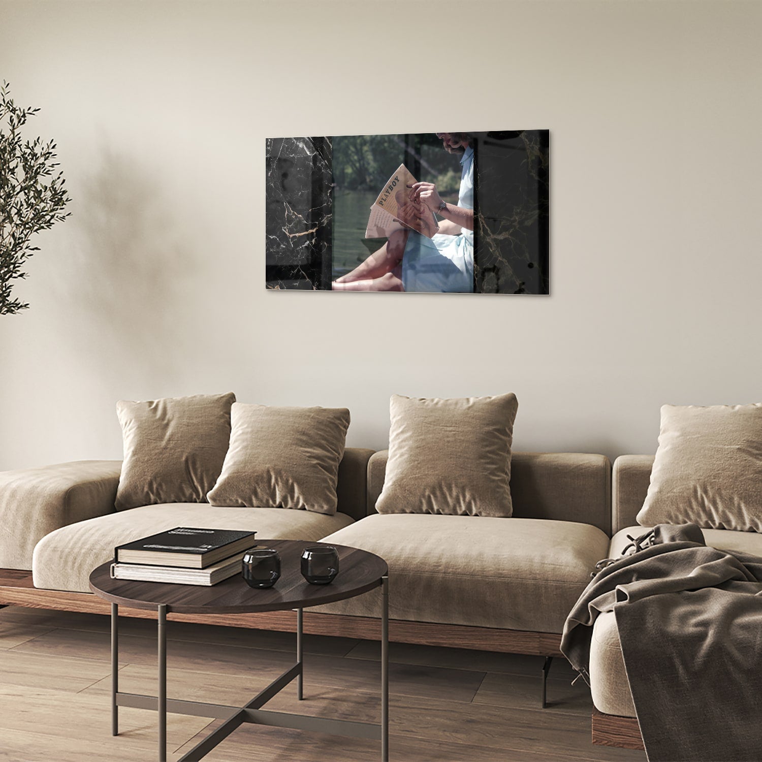 Ruhiges Glasbild mit Lesemoment am Wasser – Glasbild aus Sicherheitsglas, Größe 100x60