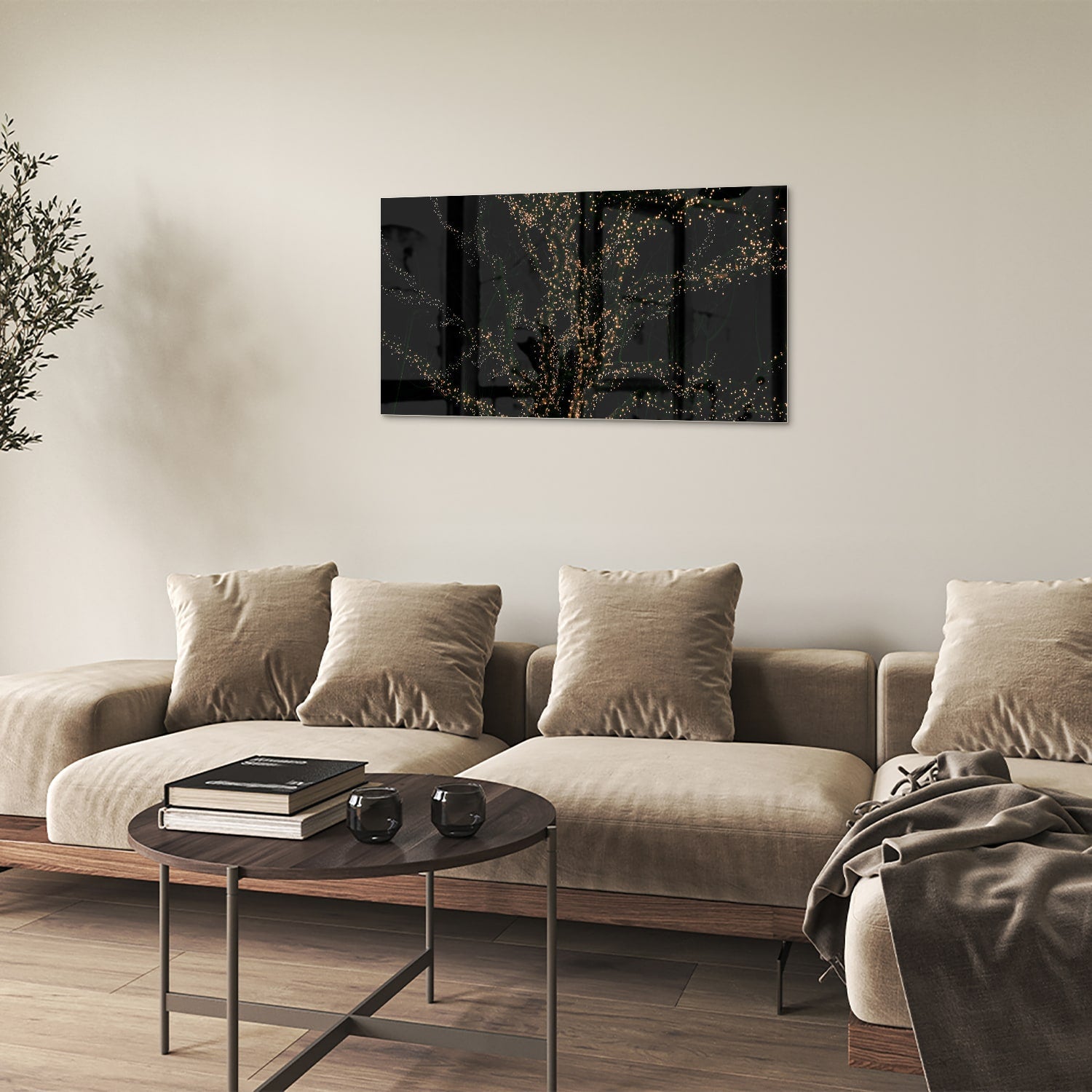 Glasbild mit goldenen Ästen auf schwarzem Hintergrund – Glasbild aus Sicherheitsglas, Größe 100x60
