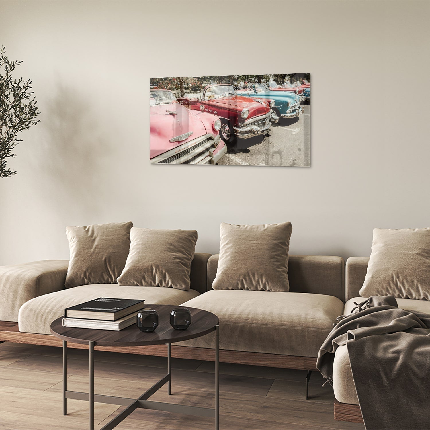 Retro-Glasbild mit farbenfrohen Autos – Glasbild aus Sicherheitsglas, Größe 100x60