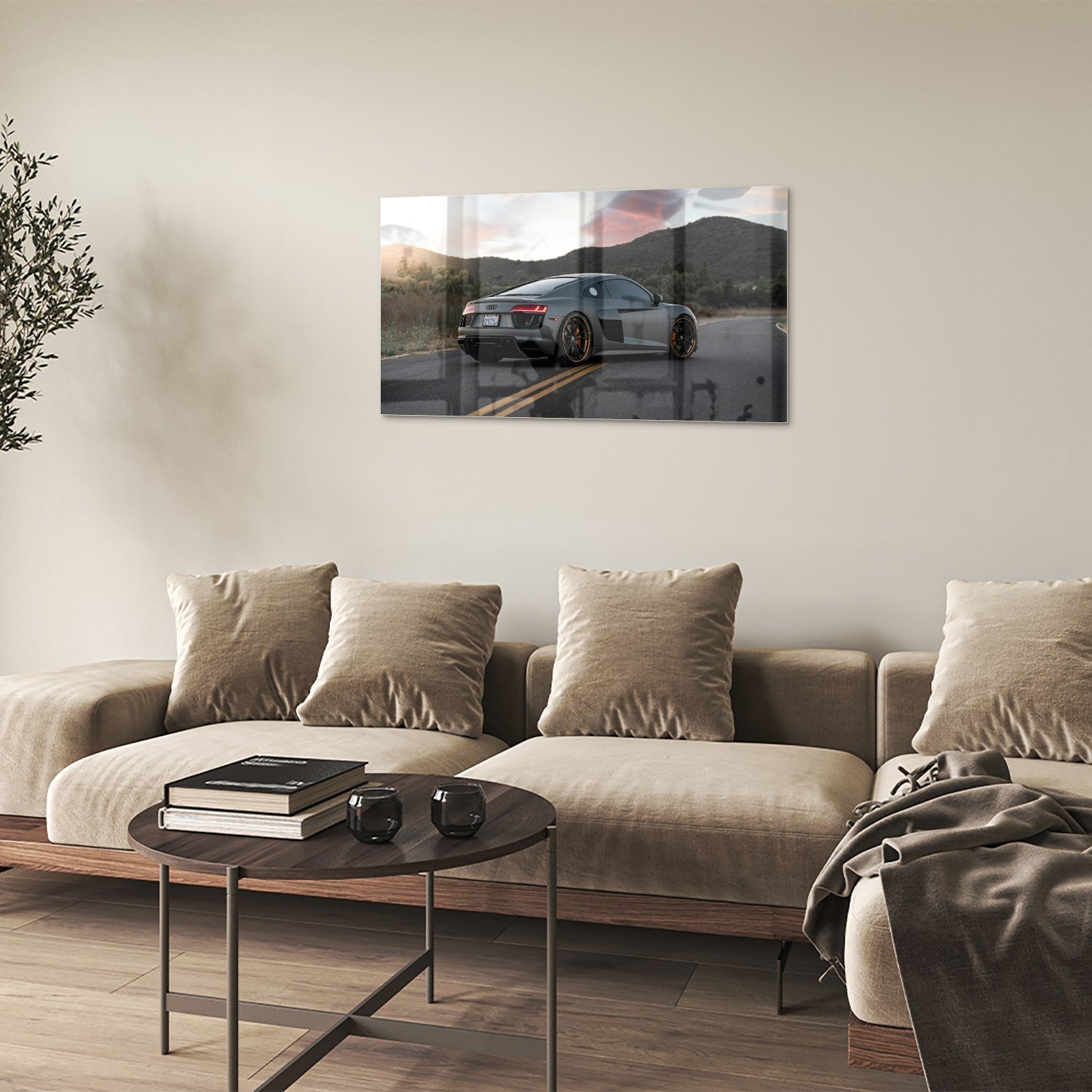 Modernes Glasbild mit einem Sportwagen in der Natur – Glasbild aus Sicherheitsglas, Größe 100x60