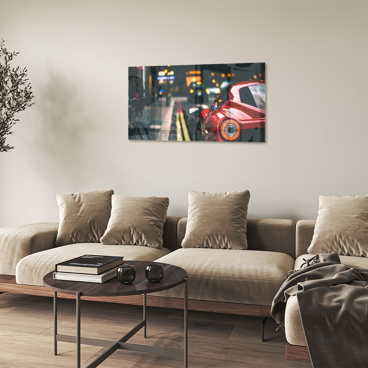 Stilvolles Glasbild mit einem roten Auto in der Stadt – Glasbild aus Sicherheitsglas, Größe 100x60