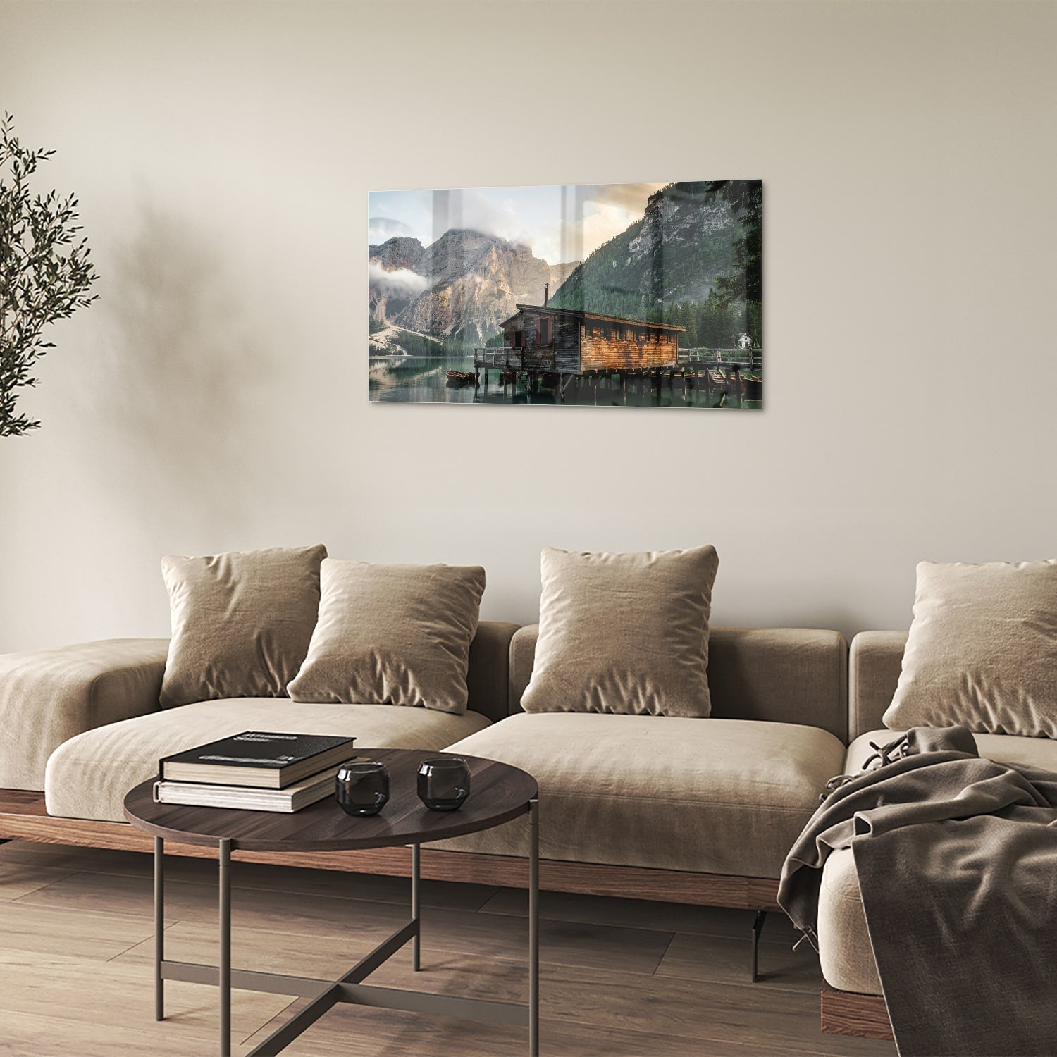 Bezauberndes Glasbild mit einer Berghütte – Glasbild aus Sicherheitsglas, Größe 100x60