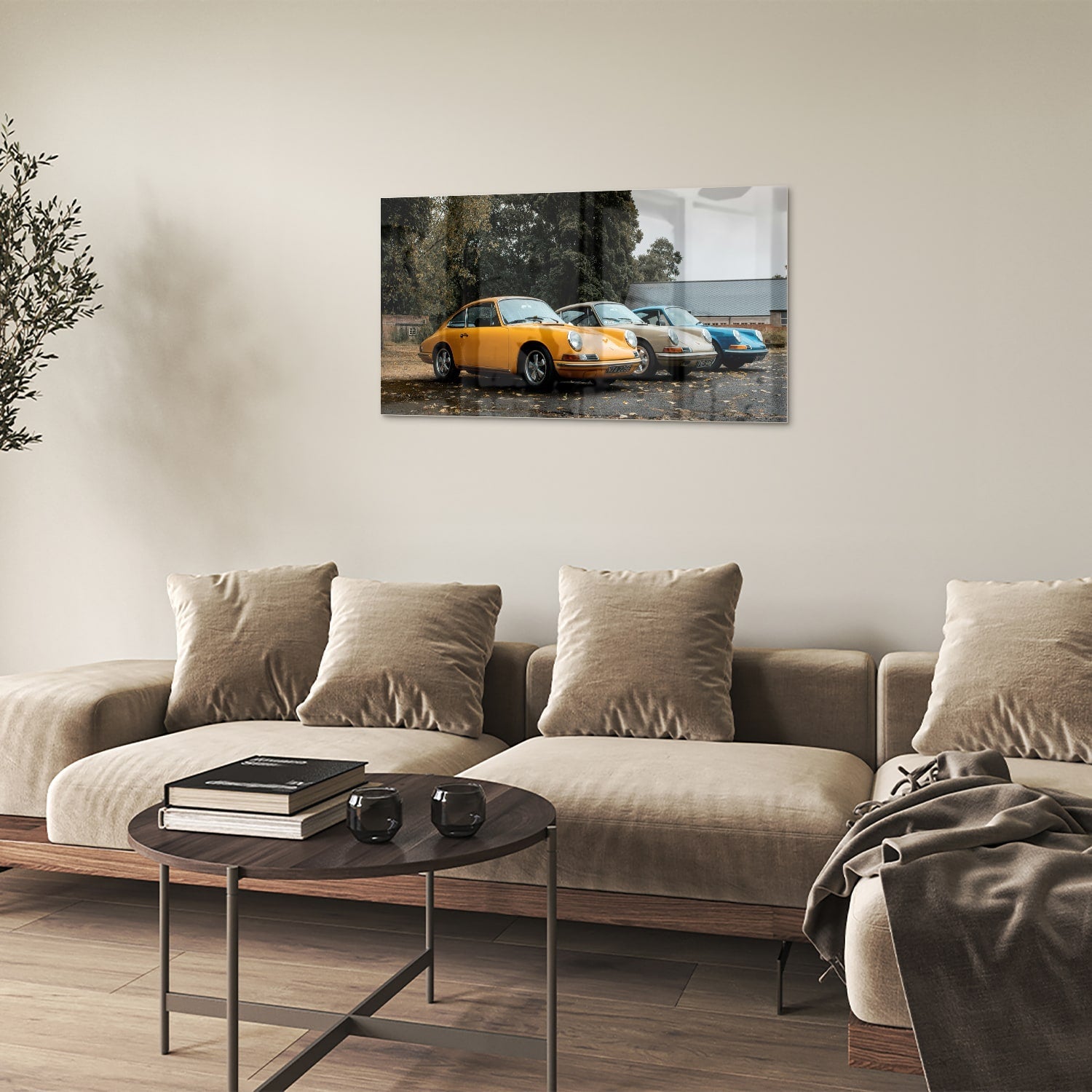 Fröhliches Glasbild mit gelbem Auto – Glasbild aus Sicherheitsglas, Größe 100x60