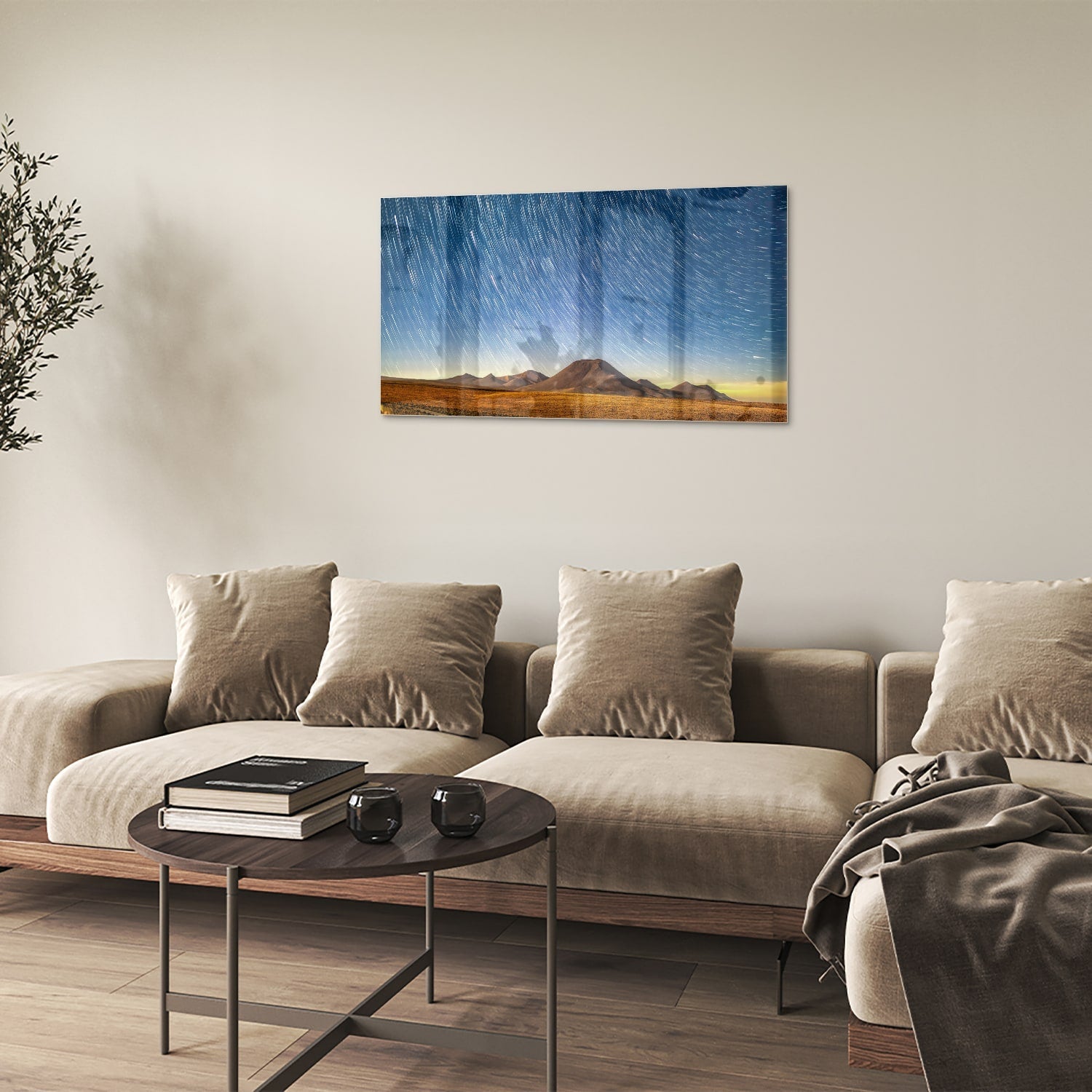 Glasbild mit Sternenhimmel über den Bergen – Glasbild aus Sicherheitsglas, Größe 100x60