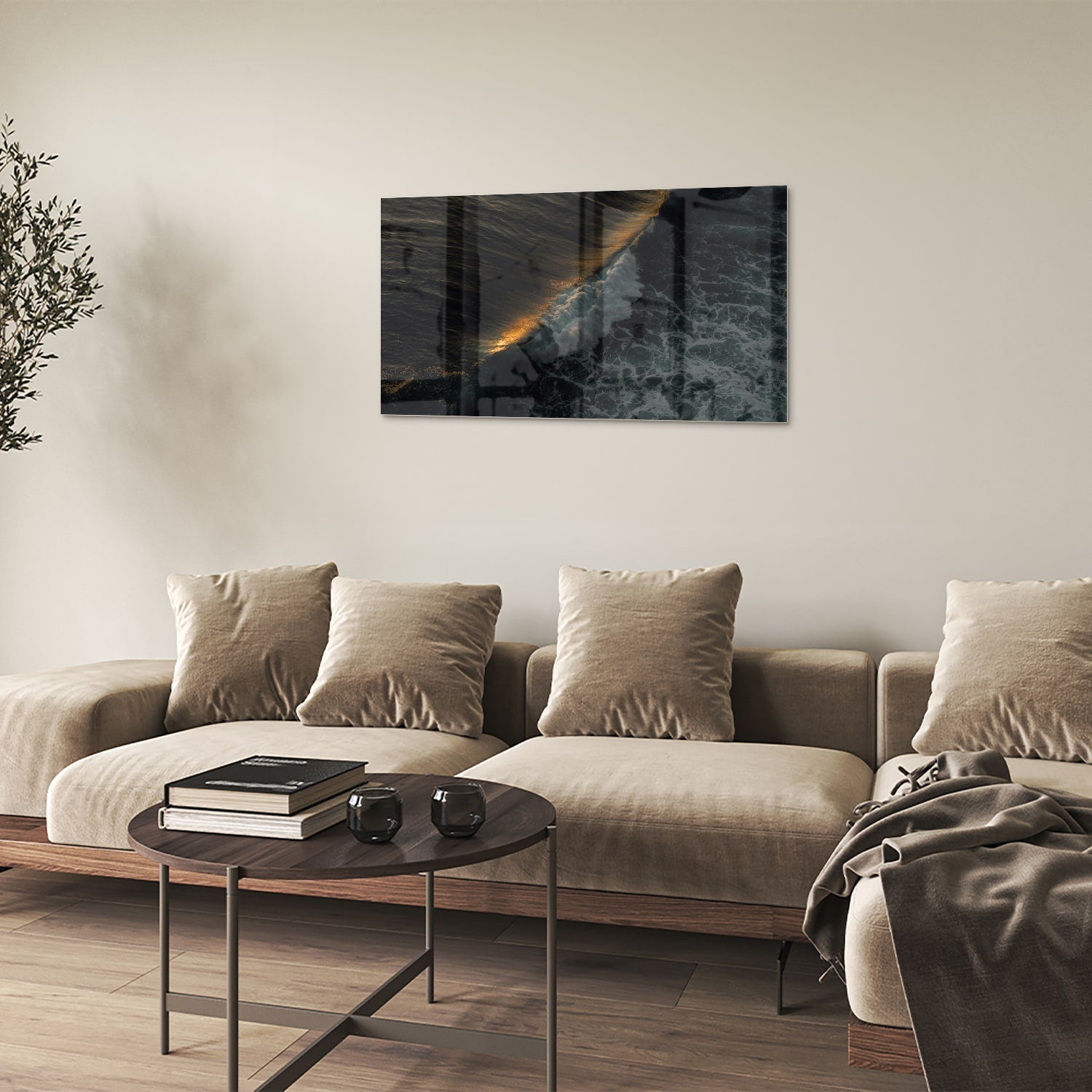 Schwarzes Glasbild mit Meerblick und Goldakzenten – Glasbild aus Sicherheitsglas, Größe 100x60