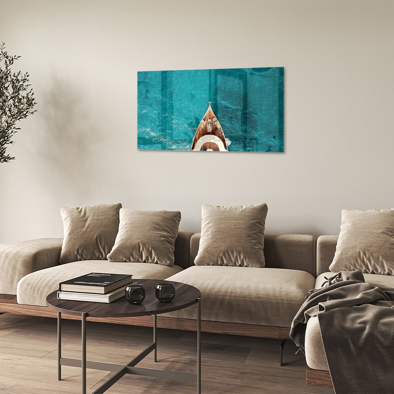 Glasbild mit einem Boot über Wasser – Glasbild aus Sicherheitsglas, Größe 100x60