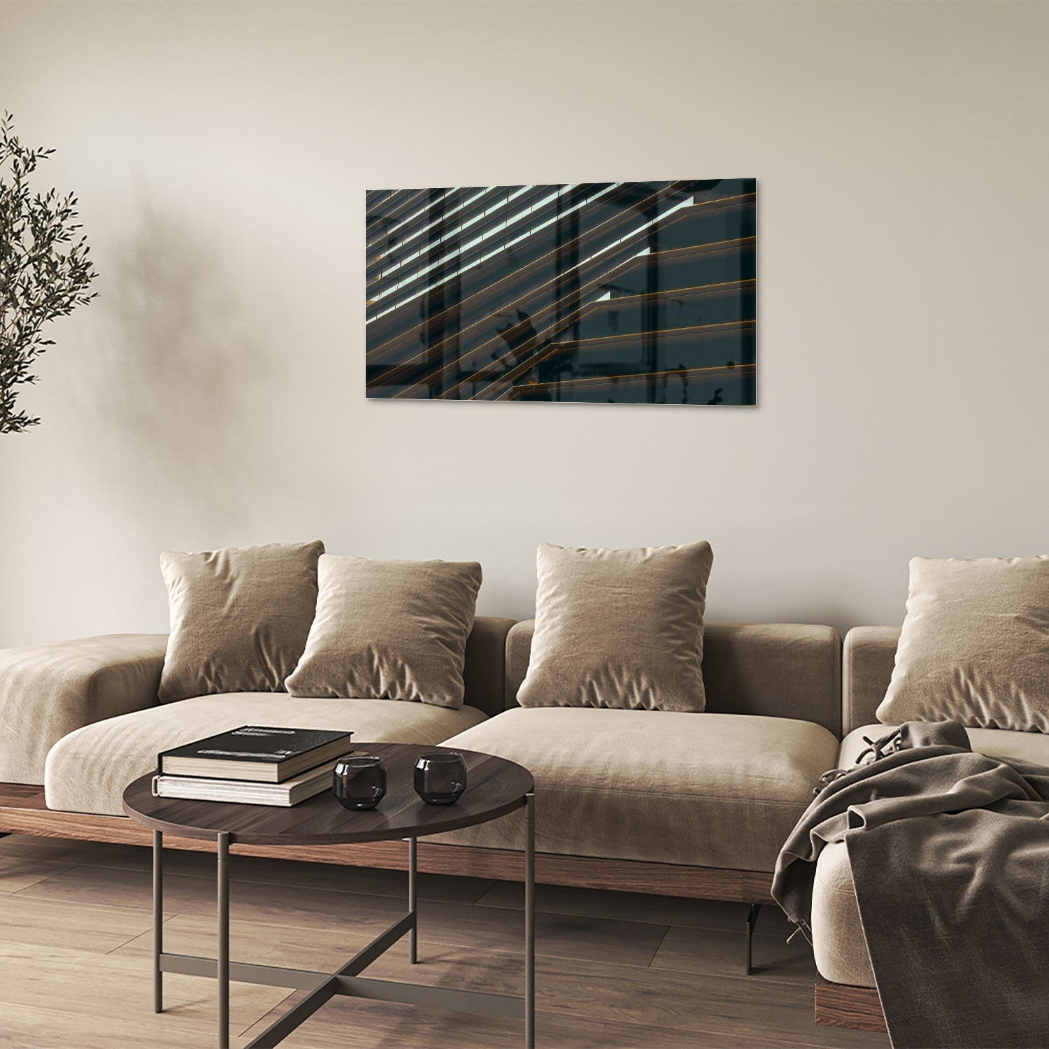 Modernes Glasbild mit schwarzen Linien und Licht – Glasbild aus Sicherheitsglas, Größe 100x60