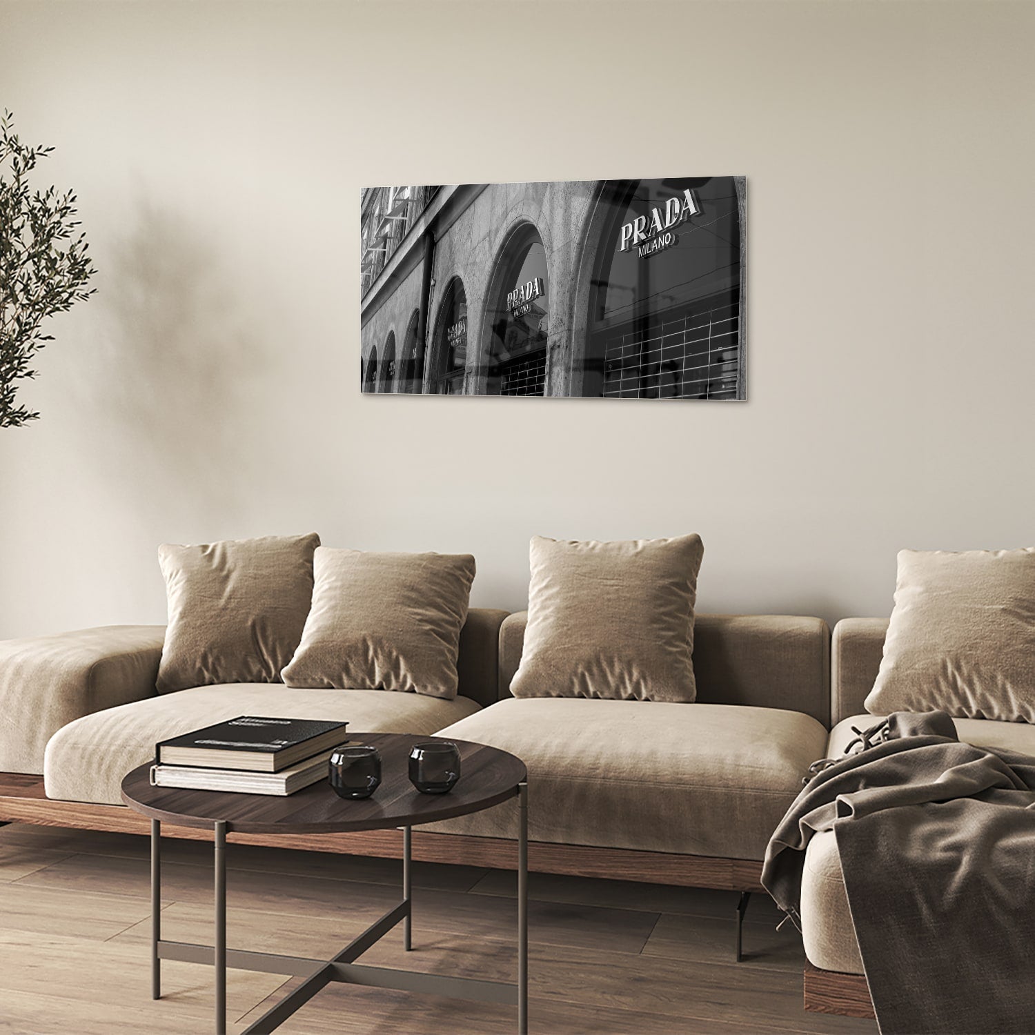 Elegantes Glasbild mit Prada-Schaufenster – Glasbild aus Sicherheitsglas, Größe 100x60