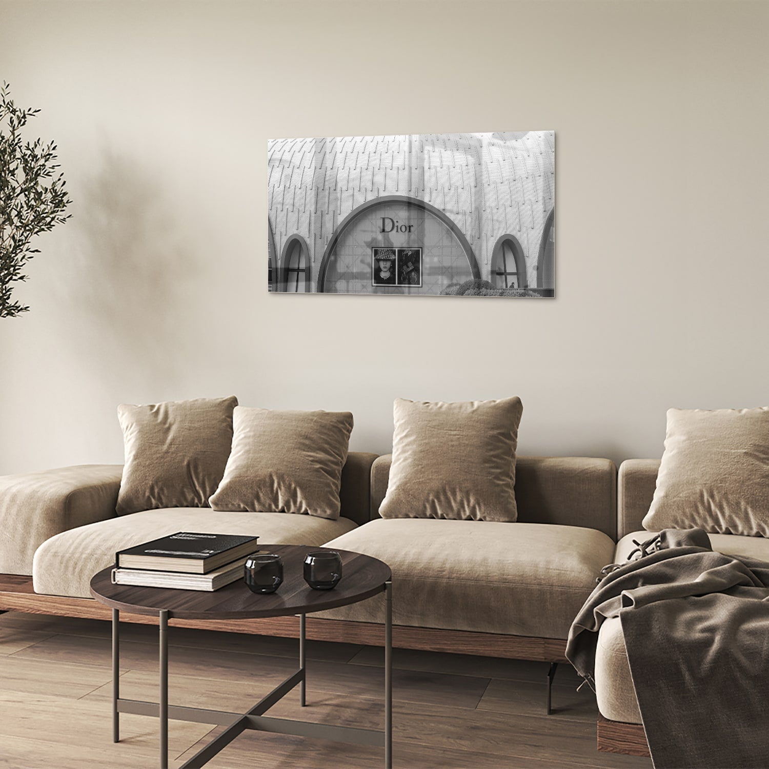 Elegantes Glasbild mit Dior-Schaufenster – Glasbild aus Sicherheitsglas, Größe 100x60