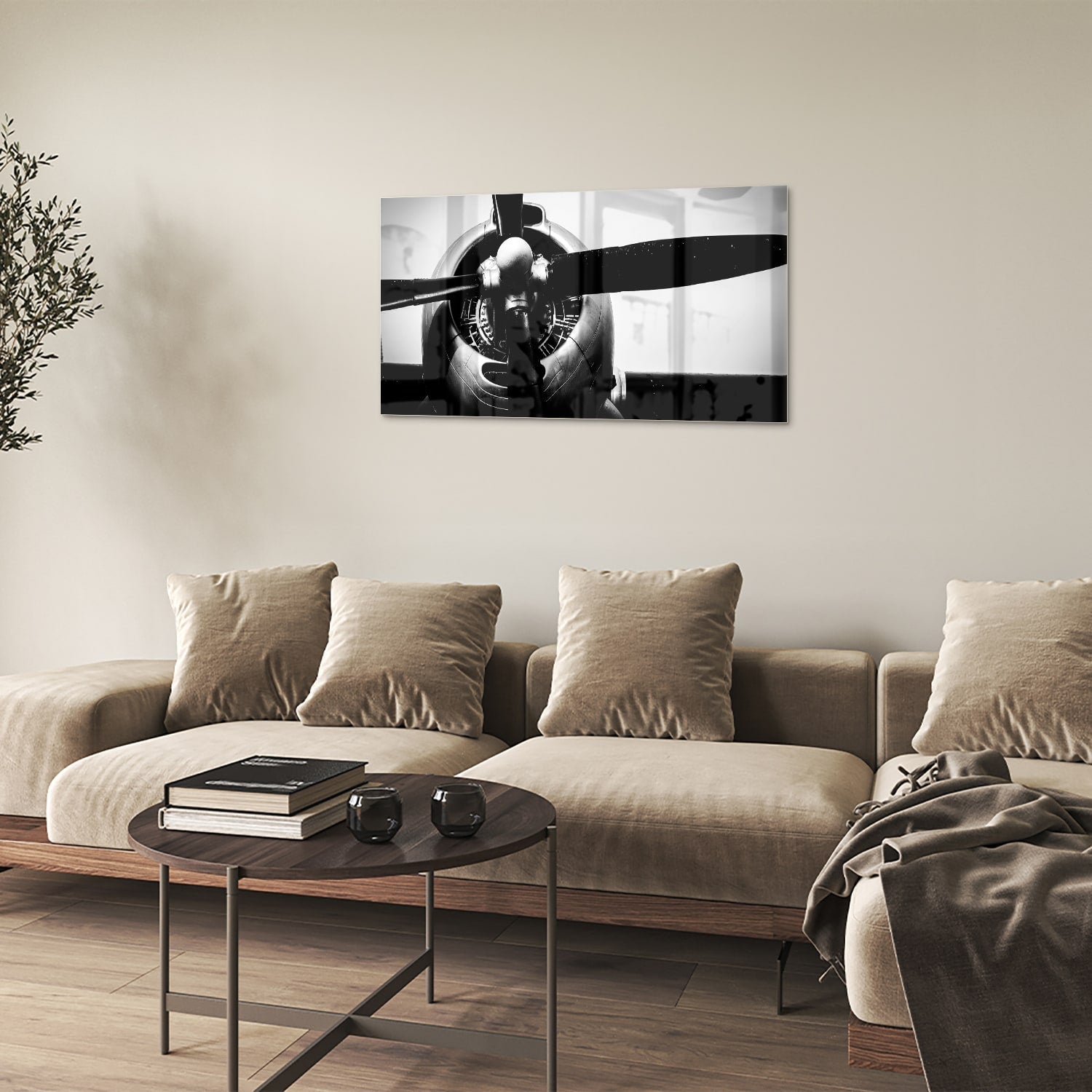 Schwarz-Weiß-Glasbild mit Vintage-Flugzeugpropeller – Glasbild aus Sicherheitsglas, Größe 100x60
