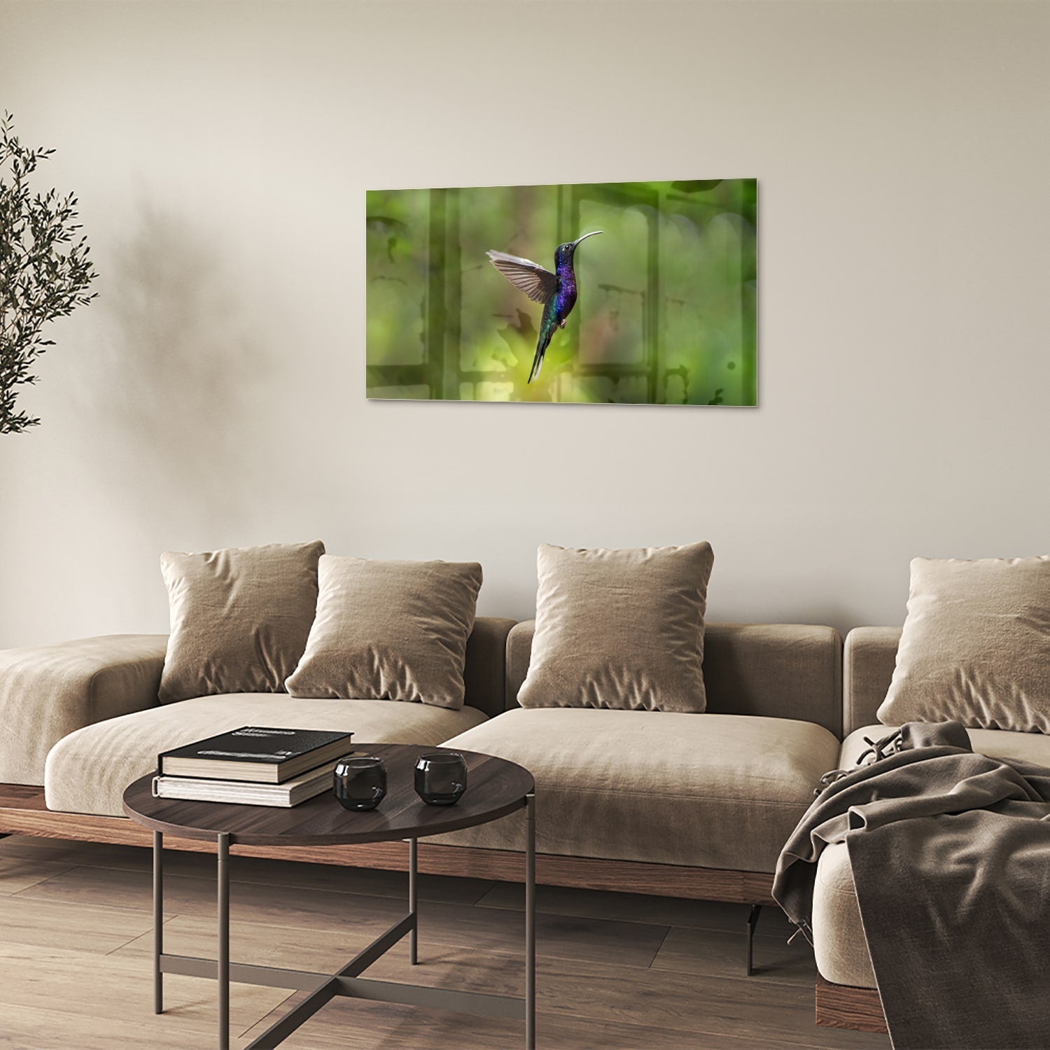 Glasbild mit fliegendem Kolibri inmitten grüner Ruhe – Glasbild aus Sicherheitsglas, Größe 100x60