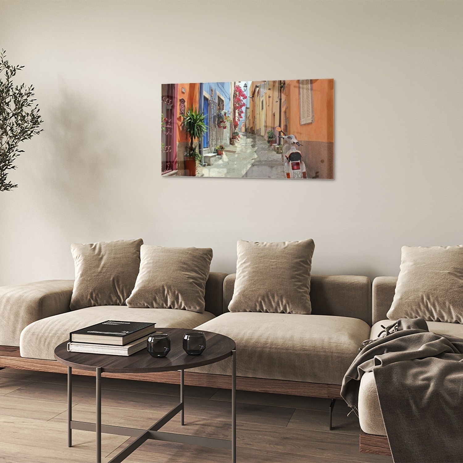 Buntes Glasbild mit Vespa auf einer Straße – Glasbild aus Sicherheitsglas, Größe 100x60