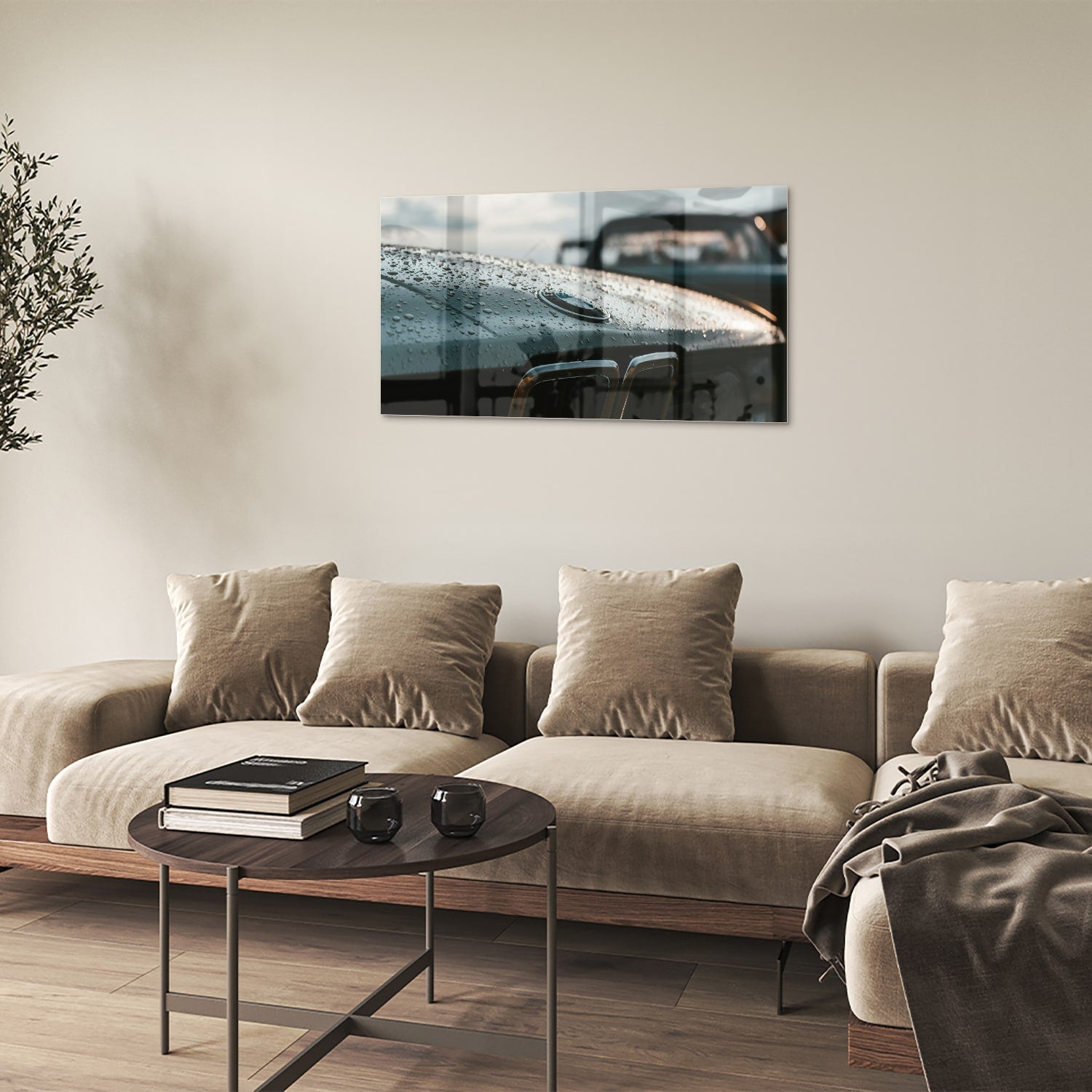 Glasbild mit nasser Autoscheibe – Stilvolles Interieur – Glasbild aus Sicherheitsglas, Größe 100x60