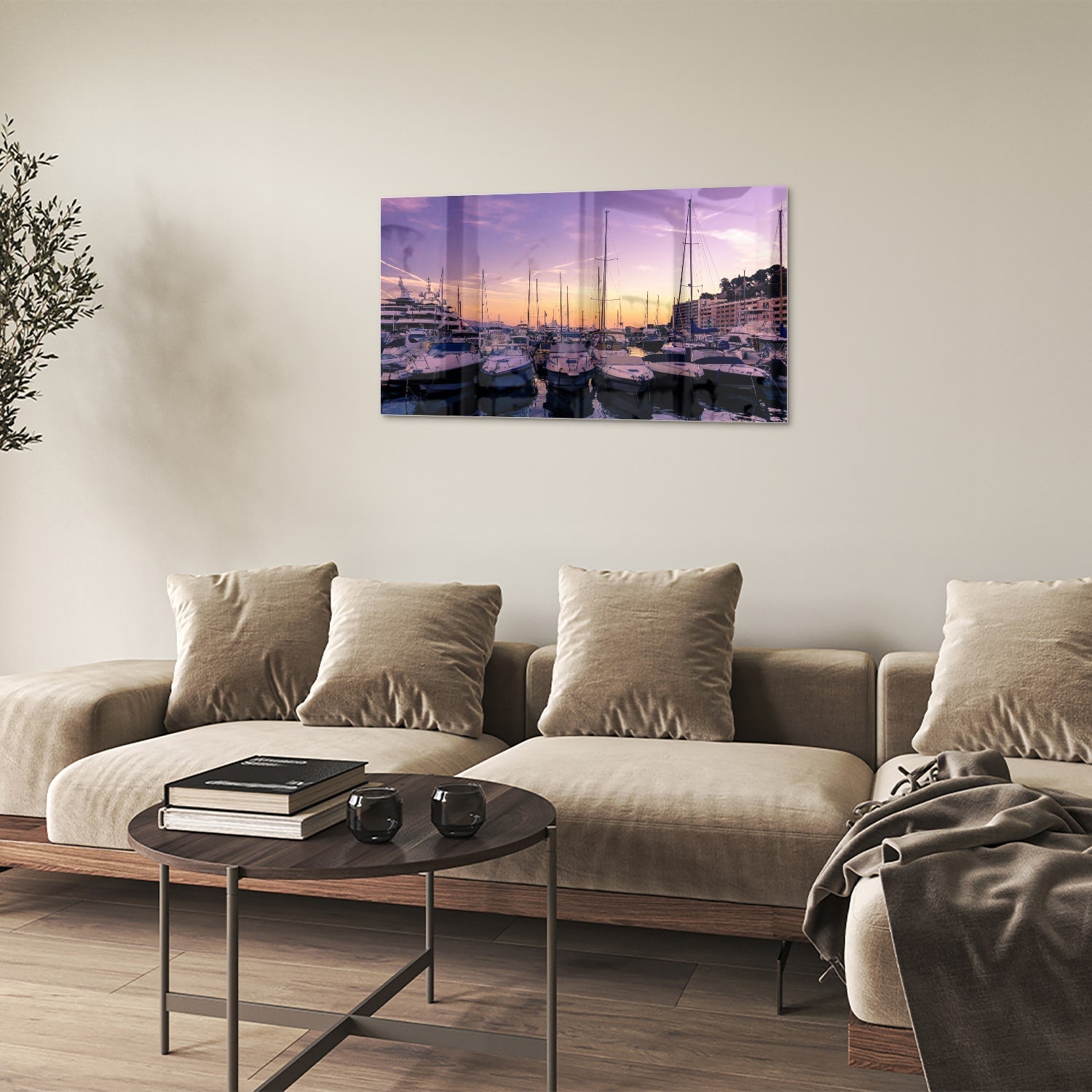 Glasbild mit Sonnenuntergang am Hafen – Glasbild aus Sicherheitsglas, Größe 100x60