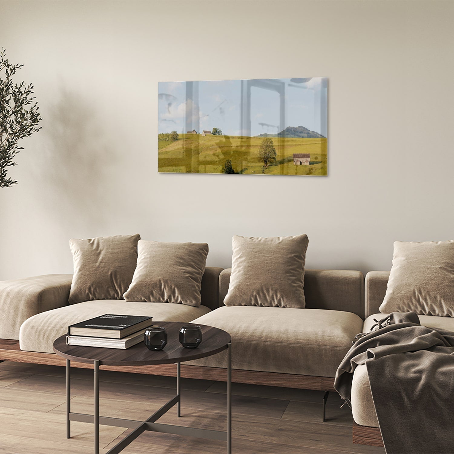 Glasbild mit grünen Hügeln in der Landschaft – Glasbild aus Sicherheitsglas, Größe 100x60