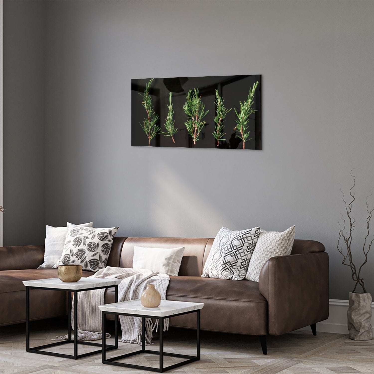 Modernes Glasbild mit grünen Ästen – Glasbild aus Sicherheitsglas, Größe 125x50